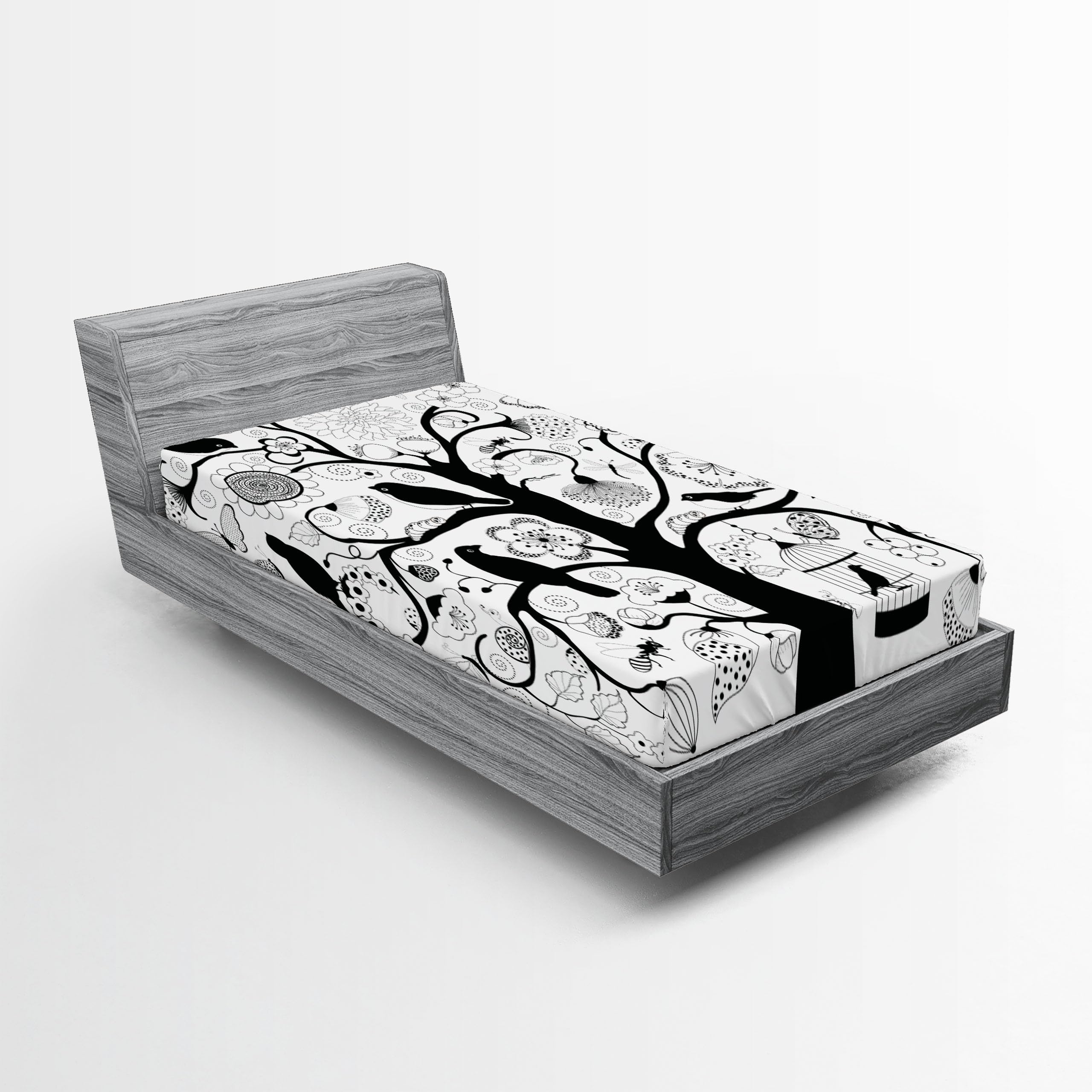 Ambesonne Black White 2 Pack Fitted Sheet, Tree Flowers Birds, Bed Cover All-Round Elastic Deep Pockets 2 Pieces, Package Contains 2 Twin Size Fitted Sheets, White Black