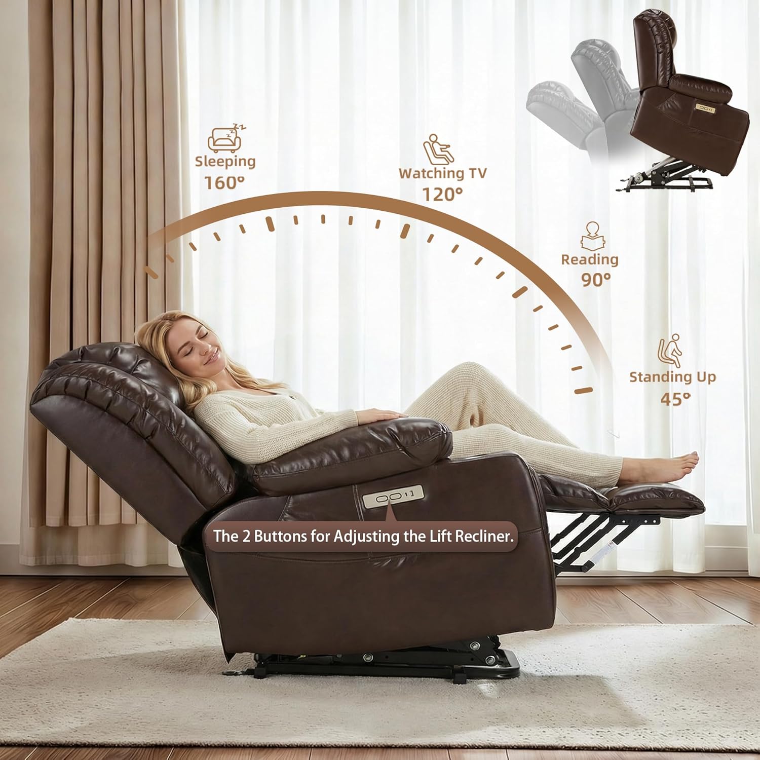 Aliphon Power Lift Recliner Chair for Elderly with Massage & Heat, Oversized Heavy Duty Recliner, Breathable Faux Leather, Featuring, Remote Control, 2 Cup Holders, USB & Type-C Ports, Brown