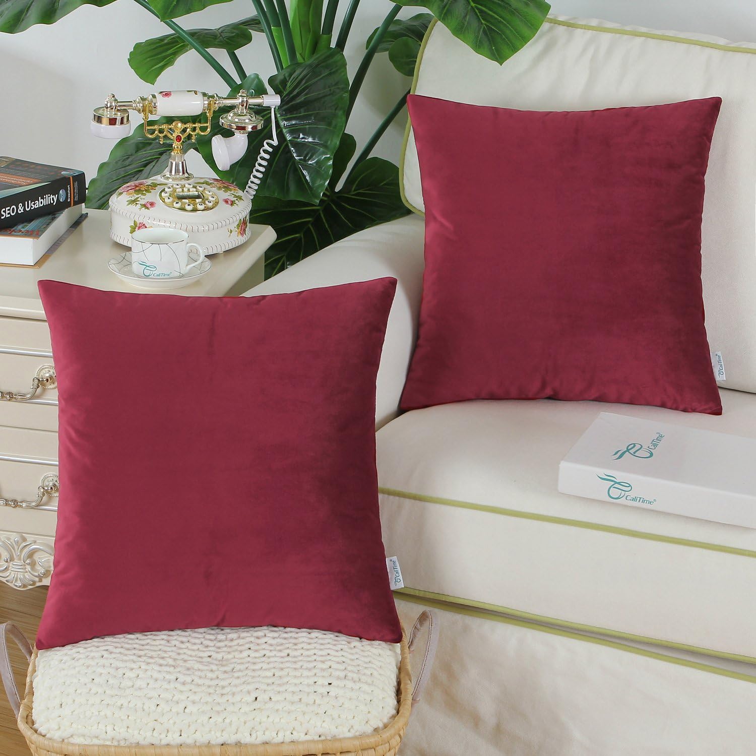 Pack of 2 CaliTime Cozy Throw Pillow Covers Cases for Couch Sofa Bed Solid Ultra Soft Gorgeous Velvety Faux Cashmere 18 X 18 Inches Dark Red
