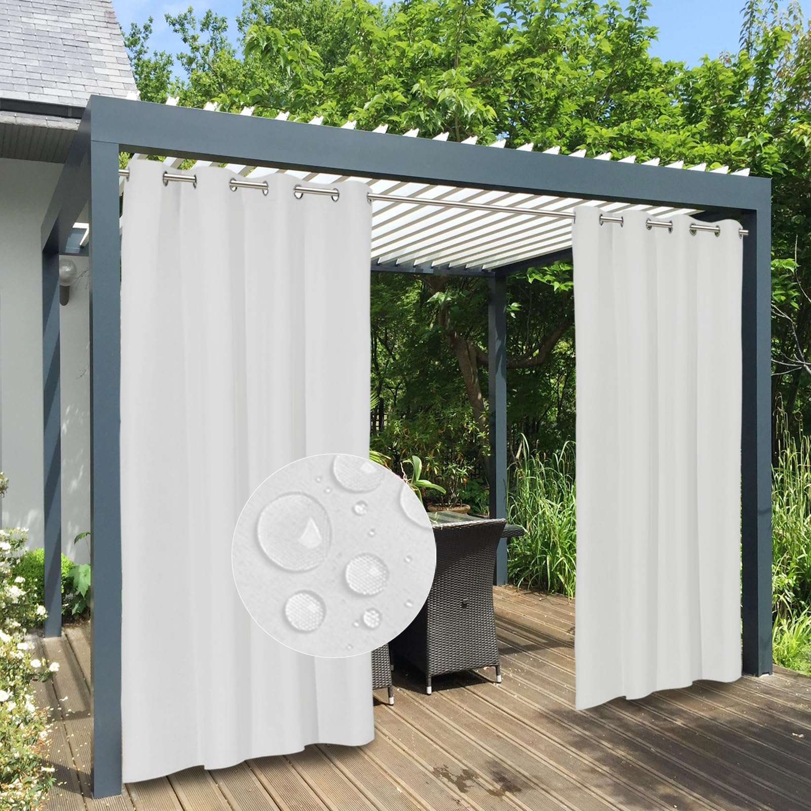 Easy-Going 100% Waterproof Outdoor Curtains Windproof Weatherproof Porch Curtains, Premium Thick Outdoor Privacy Grommet Top Panels for Patio, Gazebo and Pergola, 2 Panels, 54x96 inch, White-image-24