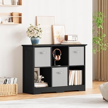 6 Cube Storage Organizer Shelf, Wood Cubby Storage with 3 Fabric Drawers
