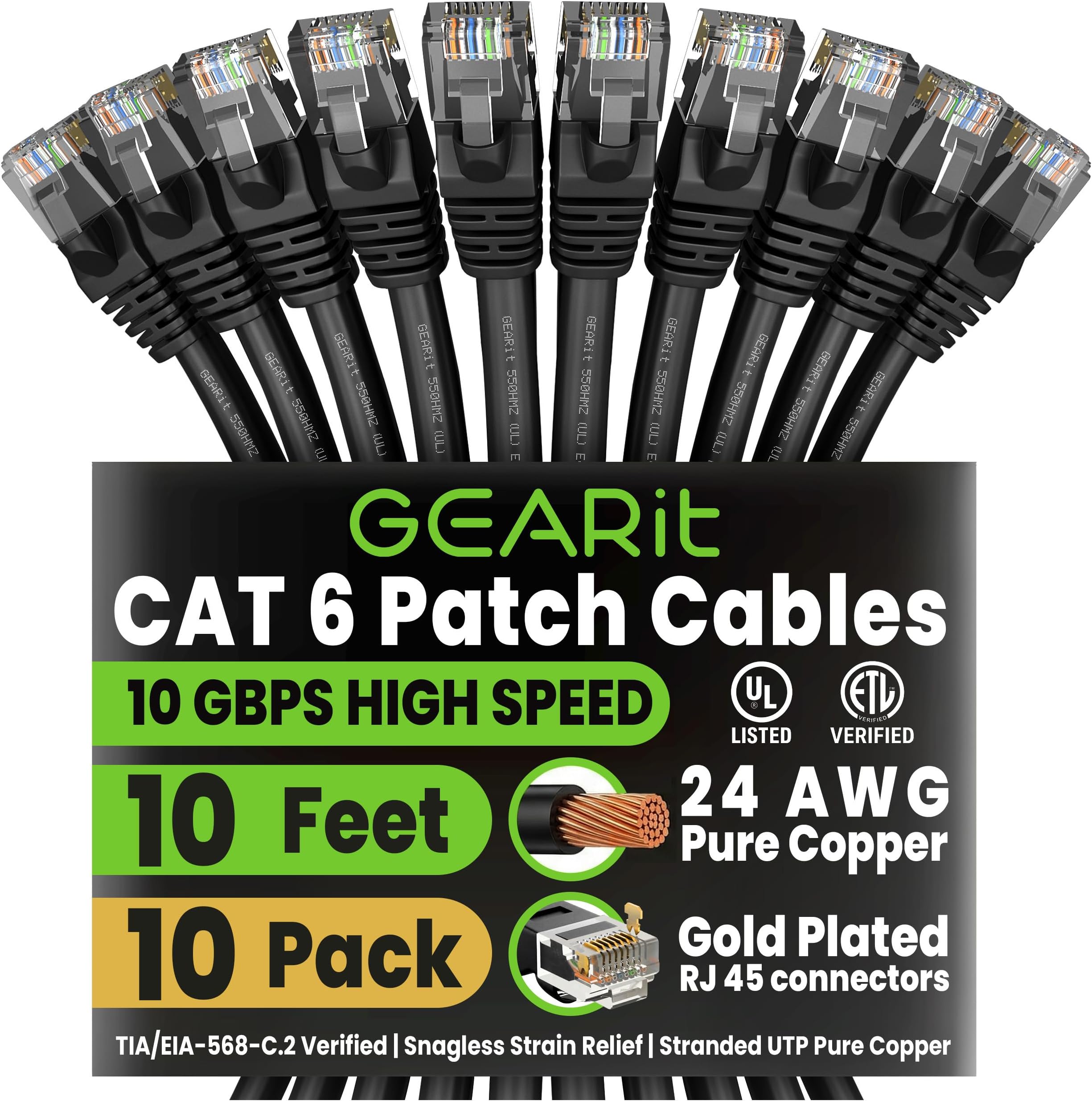 - GEARit Cat 6 Ethernet Patch Cable 10 ft Black (10 Pack) Cat6 Patch Cables 10ft Black/Ethernet Patch Cable, 10Gbps 550MHz 24AWG Pure Copper, Snagless, Gold Plated RJ45 for Router, Server, Router, PC