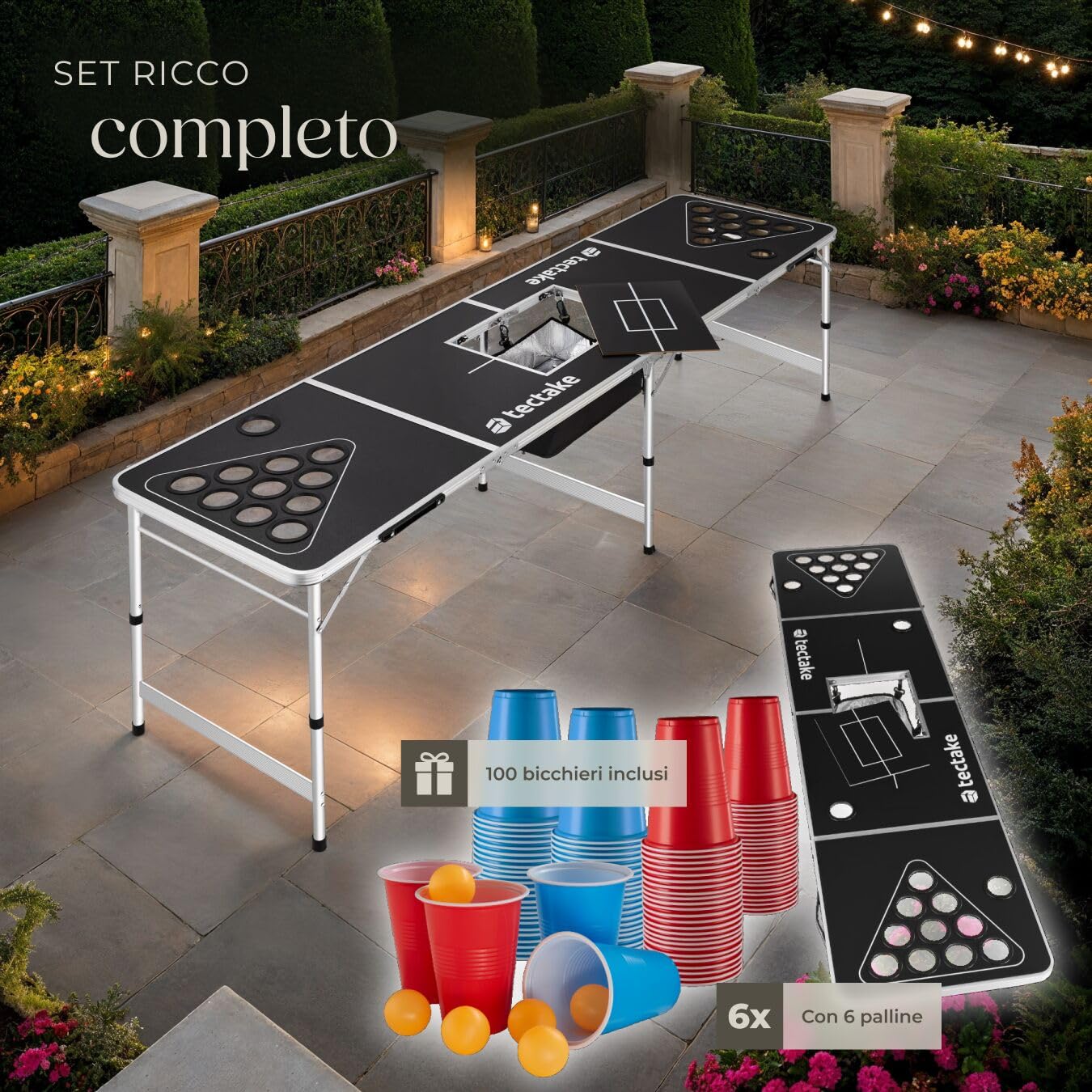 tectake® Tavolo da Beer Pong, Pieghevole con Maniglia, Kit Completo Bicchieri Multicolor e Palline, Beer Pong Set, Struttura in Alluminio, Regali Divertenti, Giochi per Festa - 235 x 60 x 70 cm
