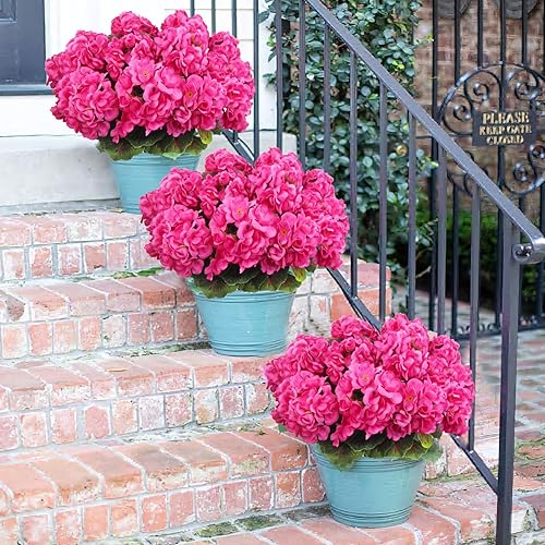 Miniatura 3 de CISDUEO 4 piezas de geranios artificiales de seda para exteriores, arbusto de geranio artificial rosa roja, flores sintéticas para decoración floral