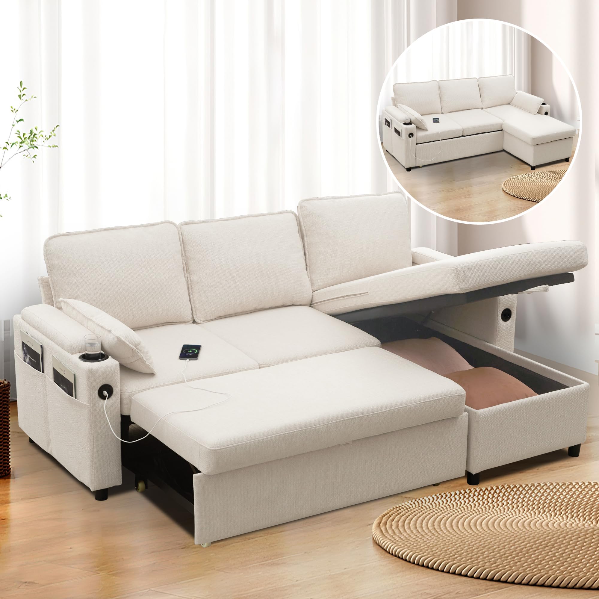 Sofa Bed Pull Out Couch 2 in 1 Convertible Sleeper Sofa with Storage, L Shape Sectional Couches for Living Room Apartment (Beige)