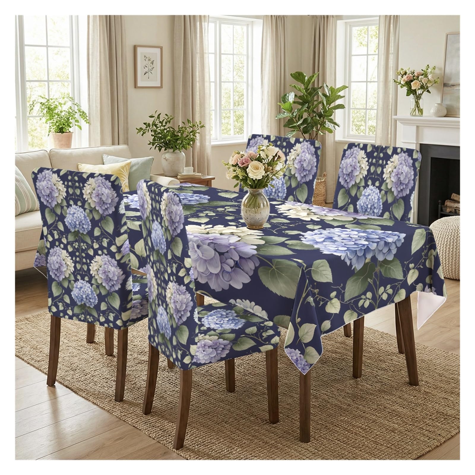 BOSUYBN Dark Blue Hydrangea Floral Printed Dining Tablecloth & Chair Covers Set, 5/7 Piece Elegant Romantic Vintage Home Decor Table Setting(5pcs Set: Tablecloth+Chair Covers)