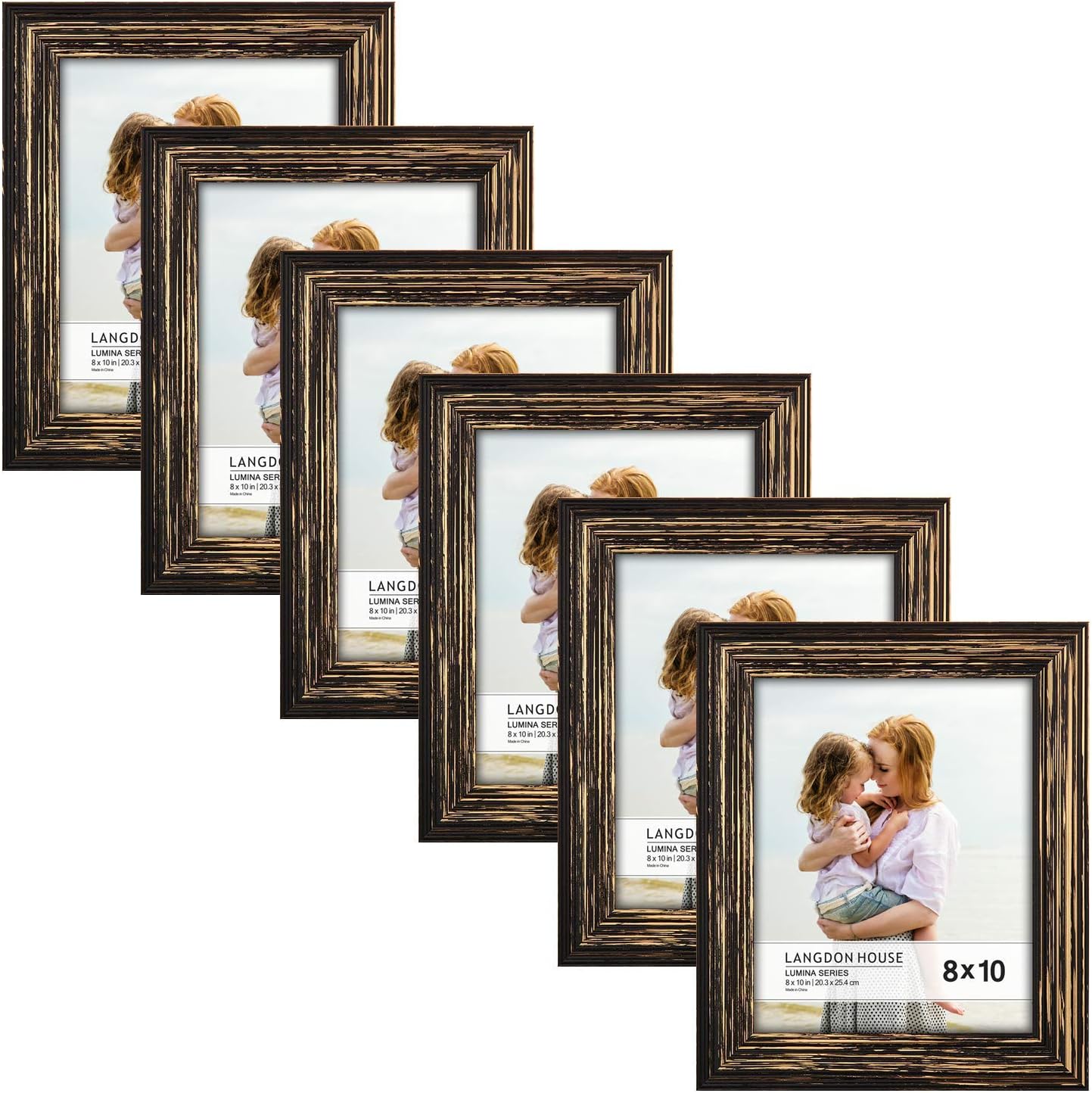 Langdon House 8x10 Real Wood Picture Frames (6 Pack, Barnwood Black - Gold Accents), Black Wooden Photo Frame 8 x 10, Wall Mount or Table Top, Lumina Collection
