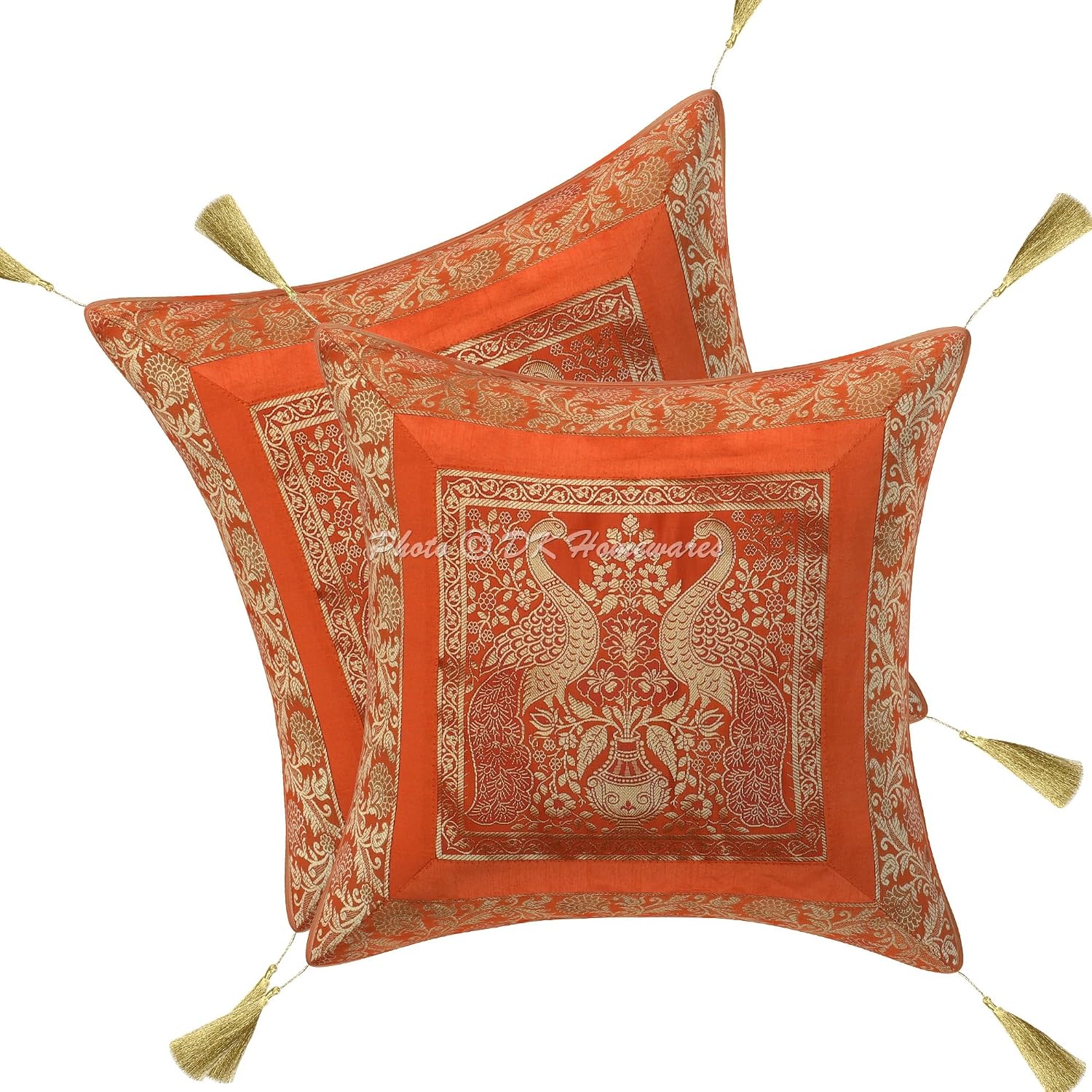 Ethnic Throw Cushion Covers 18 Inch Brocade Jacquard Weave Decorative Square Peacock Cushion Covers (Size - 45x45 cm ; Color: Orange & Gold) - Set of 2 Pcs (Cover Only)