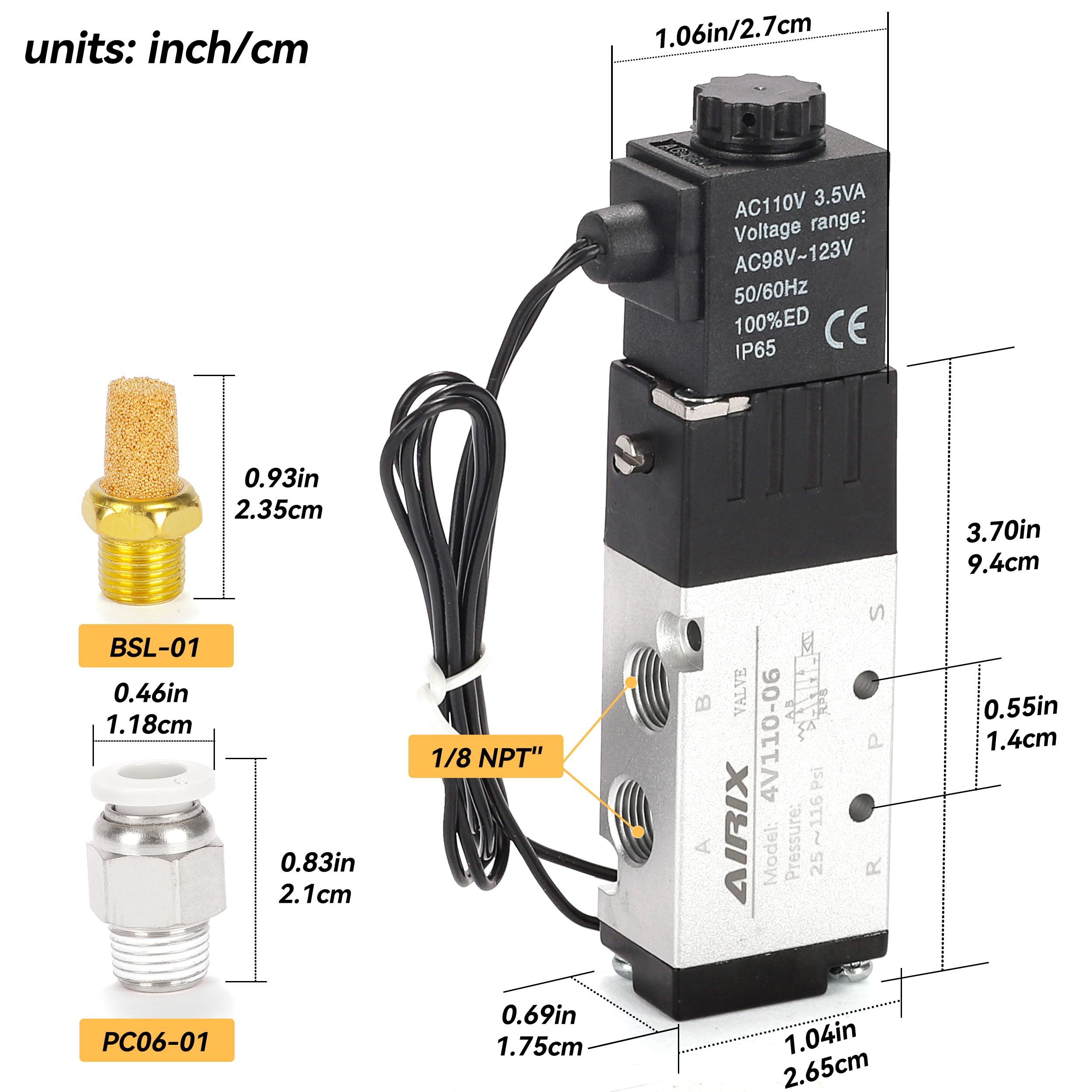 4V110-06 Pneumatyczny zawór elektromagnetyczny, AC 110 V, 2 pozycje, 5-drożny, 0,3 cm NPT, pojedyncza cewka sterowana pilotem, szybka reakcja, elektryczny zawór powietrza, poza linią i