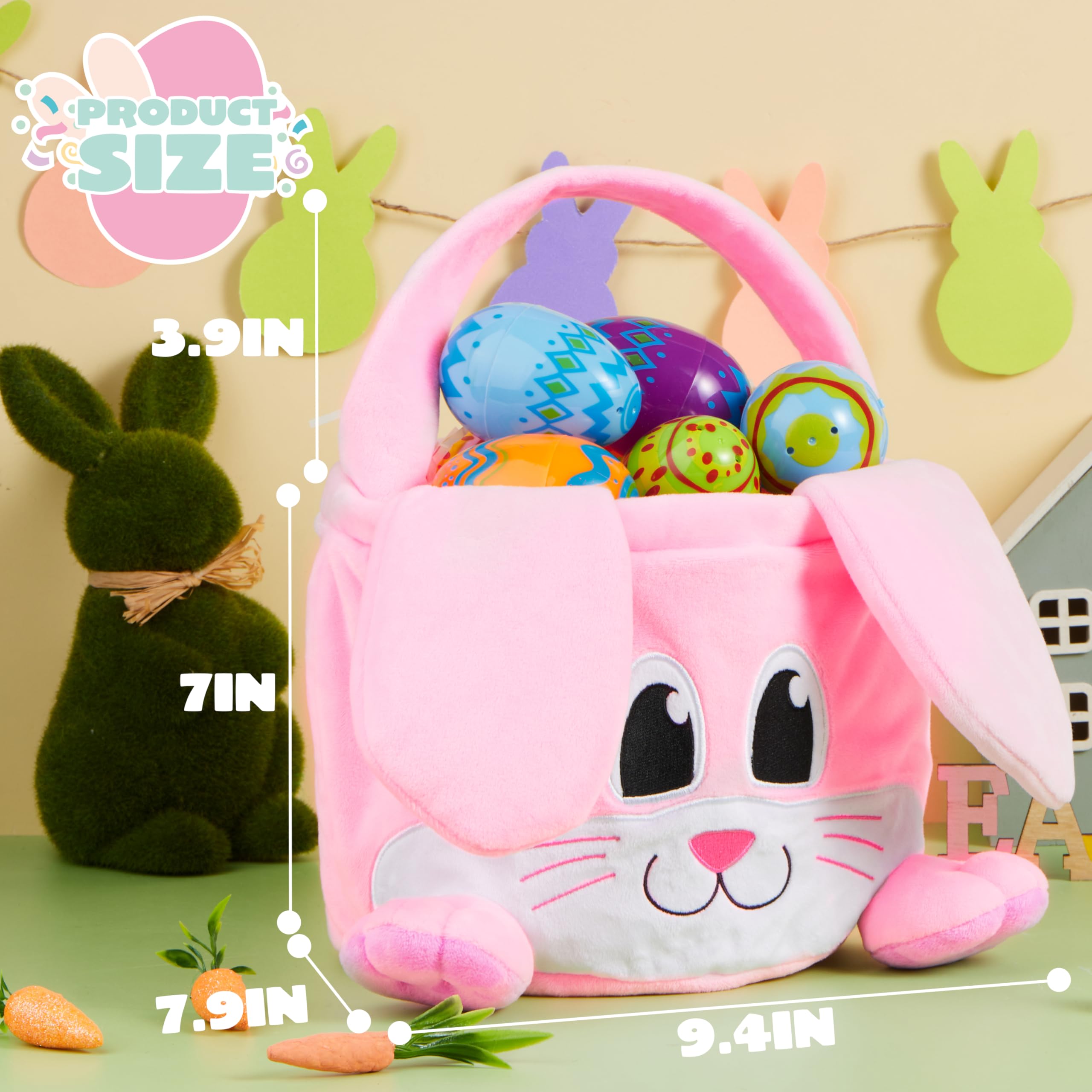 JOYIN Cestino rosa pasquale, 25,4 x 20,3 cm, con orecchie pieghevoli, cestino morbido vuoto con manico, regali di Pasqua per neonati, gioco di caccia alle uova per bambini, sacchetto di caramelle e