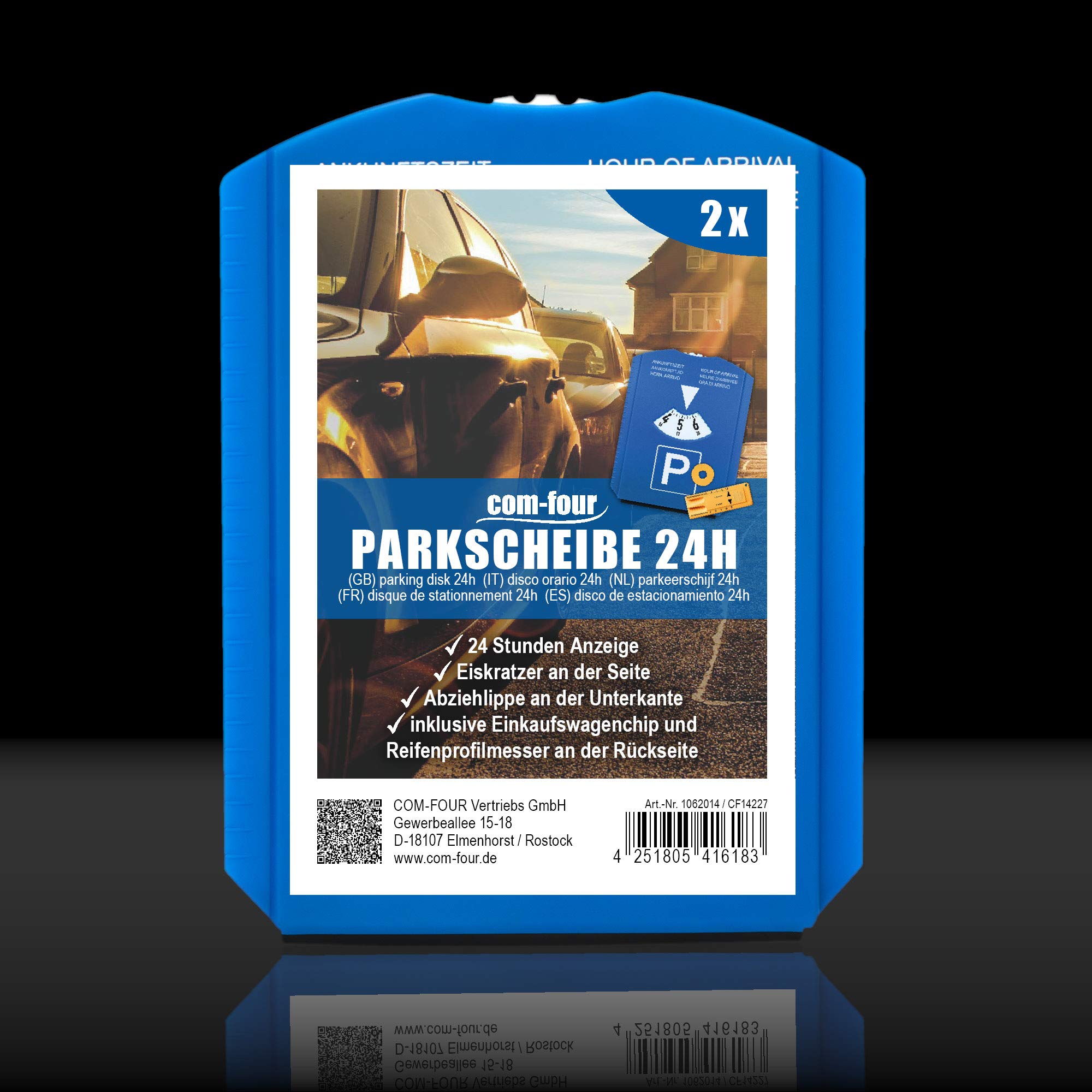 com-four® 2X Disco de Aparcamiento con Raspador de Hielo, Borde de Goma, Chip para Carro de Compra y Medidor Perfil Neumático - Parquímetro de Plástico (02 Piezas - con Chip + Cuchillo perfilado)