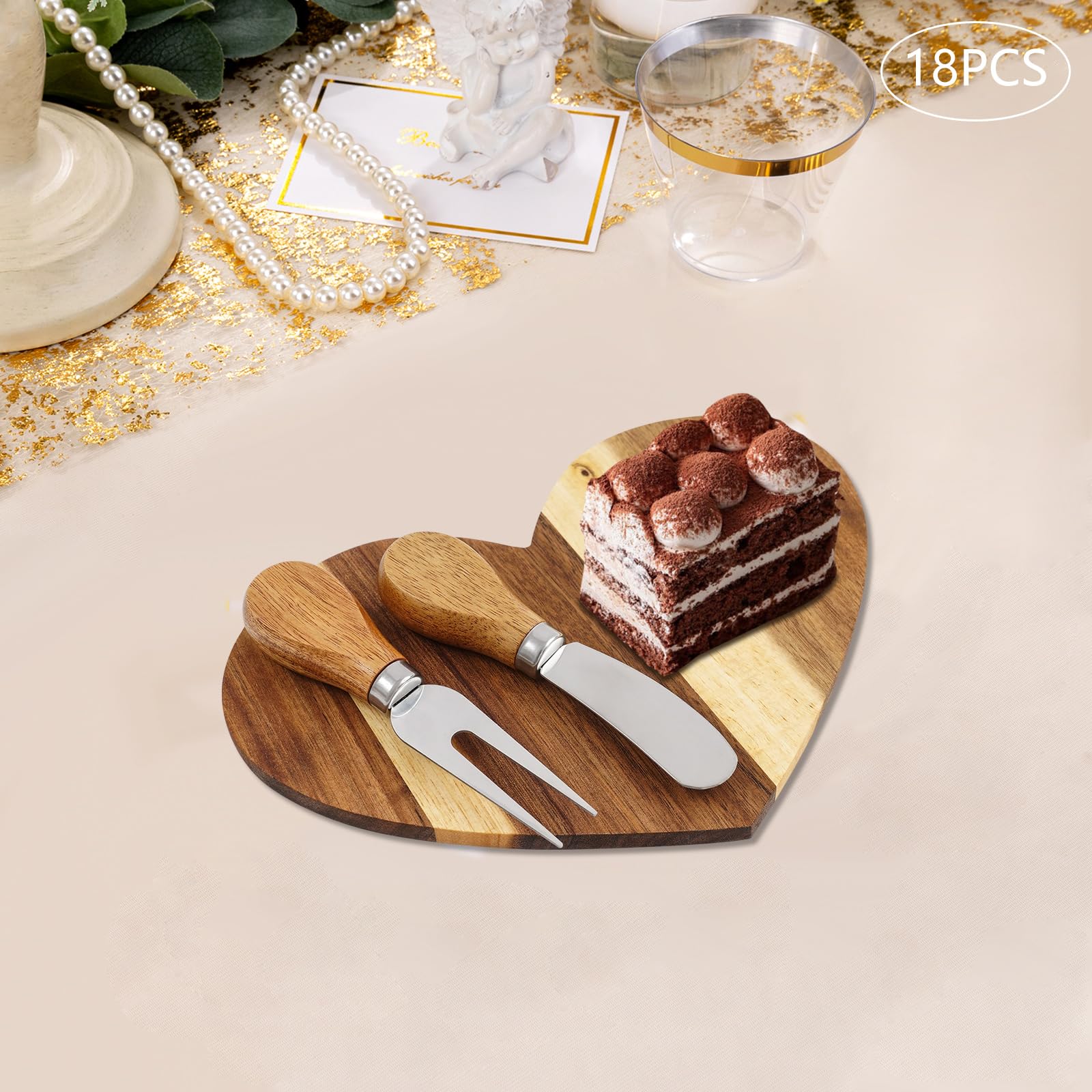Set di 18 tavole da formaggio in legno di acacia, con coltello in acciaio inox, design a forma di cuore, per formaggio, salumi, regalo, 21 x 15 cm, legno naturale