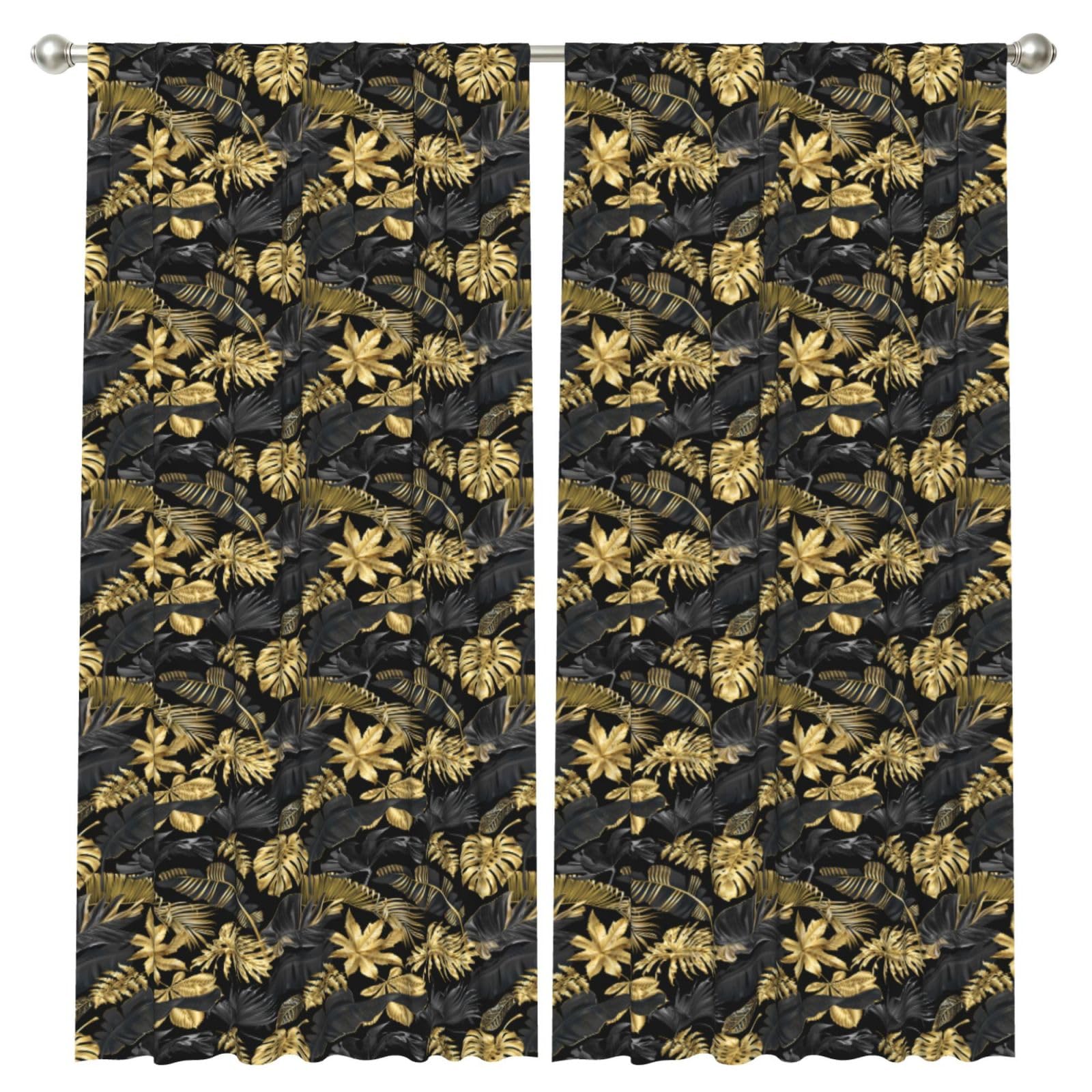 InOmak Gold Black Tropical Leaves, 2 Panels Window Curtains 52 x 84 Inch Blackout Curtains for Living Room Bedroom