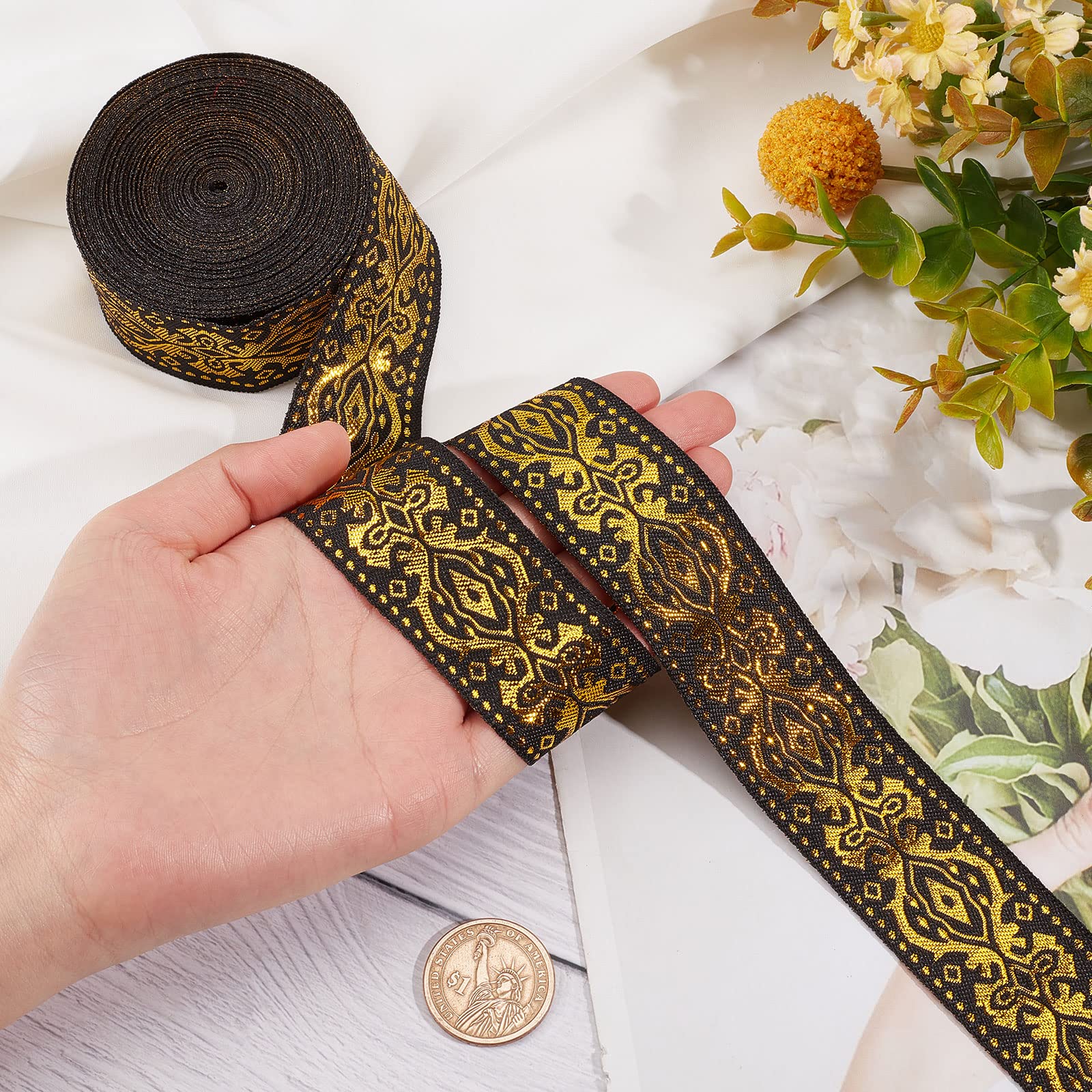 GORGECRAFT Ethnic Jacquard Ribbon 33mm Wide Double Side Gold Floral Embroidery Polyester Woven Ribbons Black Trim Fringe Band for DIY Sewing Crafts Clothing Curtain Home Embellishment Accessories - Image 3
