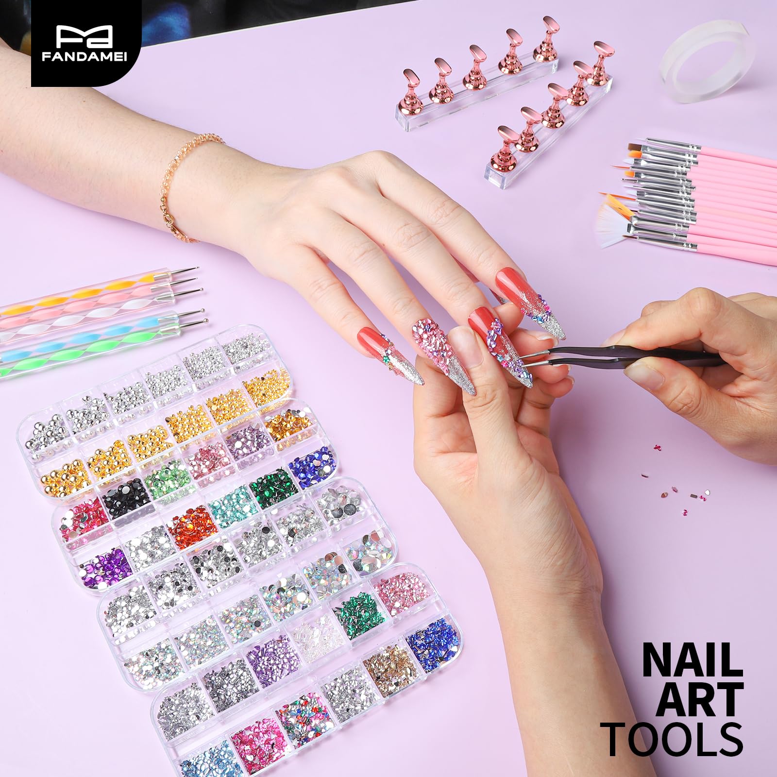 FANDAMEI Nail Art Tools, Acrylic Nail Brush, Nail Stand, Nail Gems And Rhinestones, Nail Holder For Painting Nails, 15 PCS Nail Art Brushes, Nail Dotting Tool, Nail Tools, Nail Design Tools