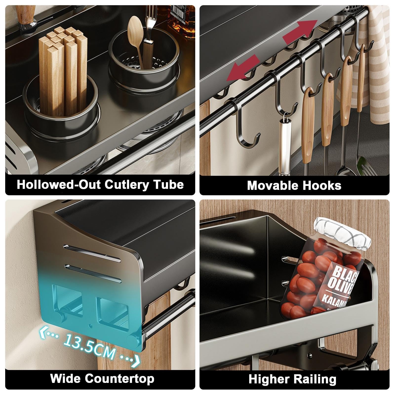 Estante Cocina Pared Acero Carbono, Soporte Utensilios con Ganchos