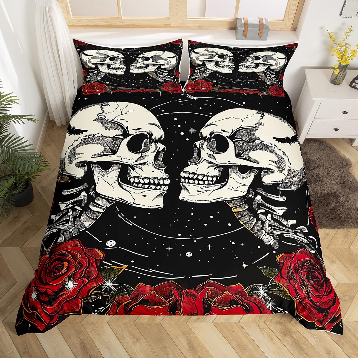 AILONEN Set Copripiumino King Size Con Teschi E Rose Rosse - 3 Pezzi Per Halloween, Microfibra Morbida - 5