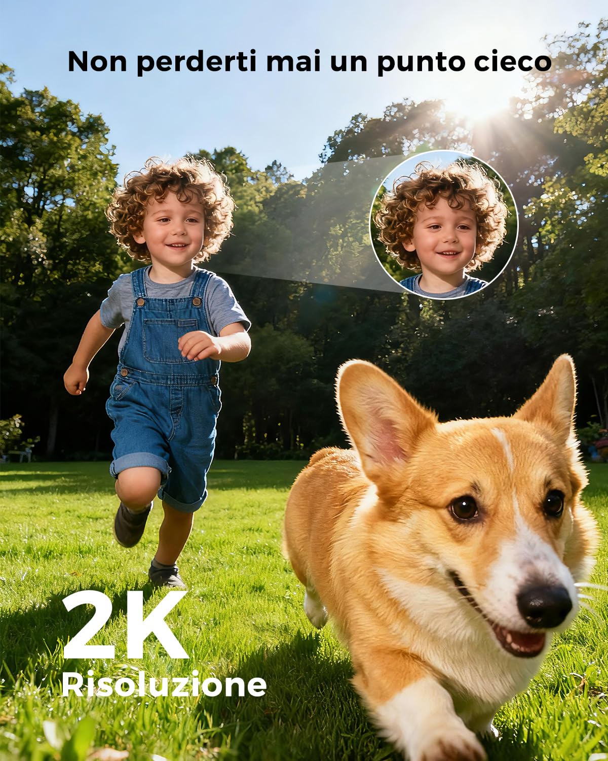 Reobiux 2K Telecamera Wi-Fi Esterno, 360° PTZ Videocamera Sorveglianza Esterno con Doppia Lente, Colori Visione Notturna, Tracciamento Automatico, Registrazione 24/7, IP66