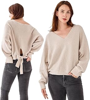 Simple&Opulence Women\'s Wool Blended Jumpers, Ladies V-Neck Back Tie Soft Sweatshirt, Long Sleeve Loose Christmas Sweater for Spring, Autumn, Winter, S-XL