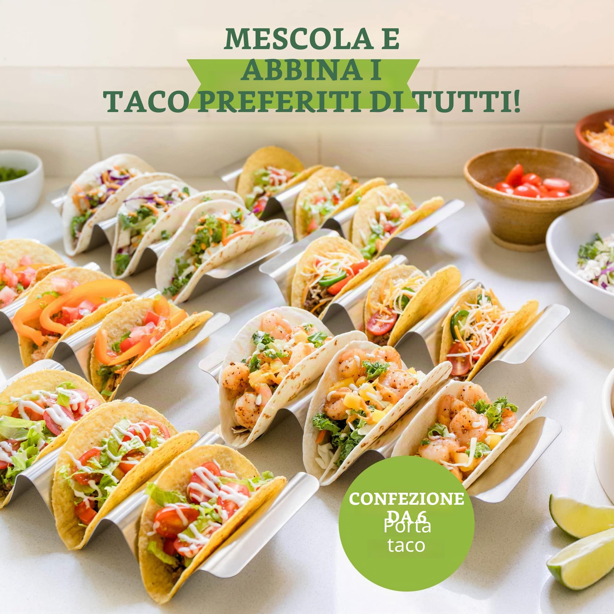 Porta Tacos Acciaio con Base Scanalata, Set 6 per Tacos Messicani e Tortilla, Ideale come Chef Accessori e Accessori Griglia per Forno o BBQ