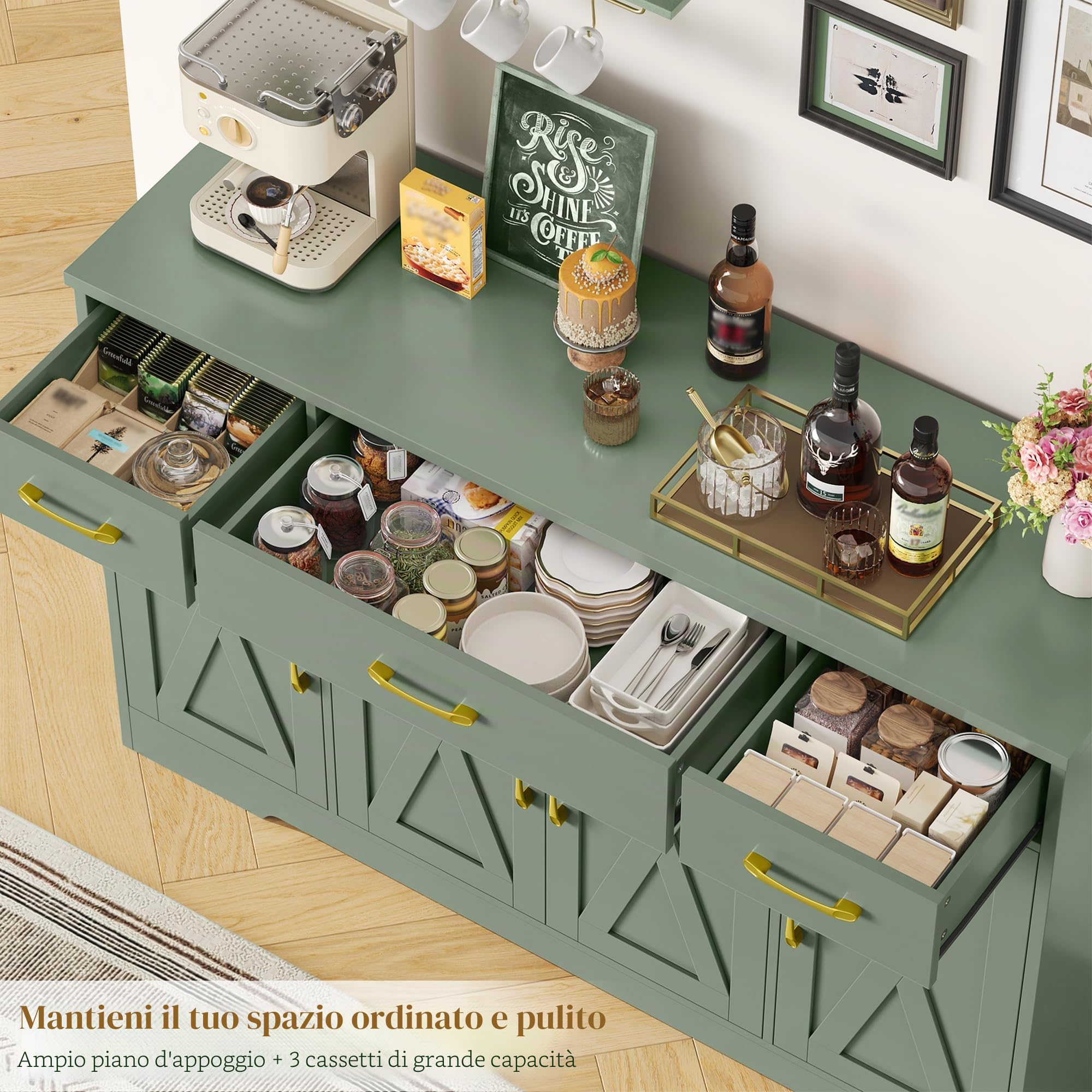 HOCSOK 140 cm Credenza Cucina, Mobile Cucina con 3 Cassetti e 4 Armadi, Buffet Mobile Moderno, Credenza Soggiorno, Mobile per Cucina Ingresso Foyer, Sala da Pranzo, Verde