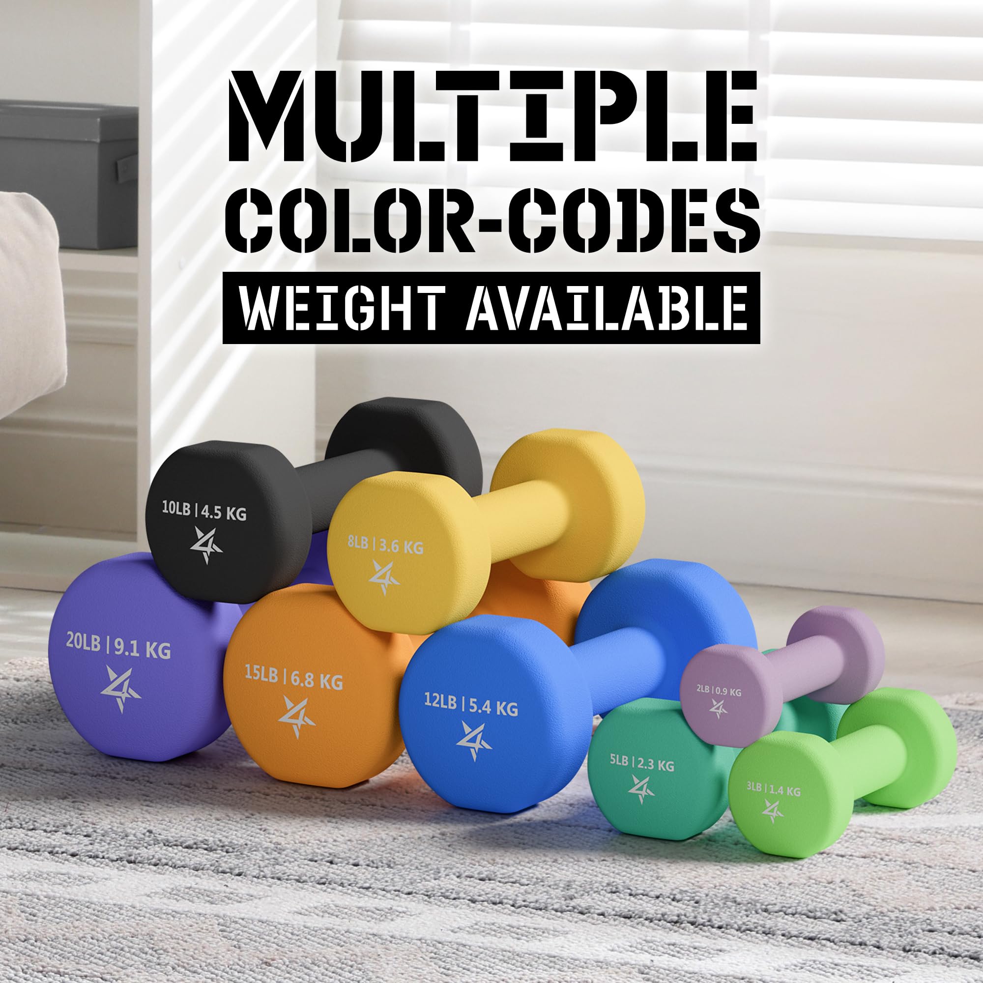 Yes4All Manubri in neoprene, set di 2 pesi per mani, comodo cavo di tipo C incluso, 0,9-9,1 kg, impugnatura comoda per un allenamento sicuro a casa, rivestimento in neoprene antiscivolo con design