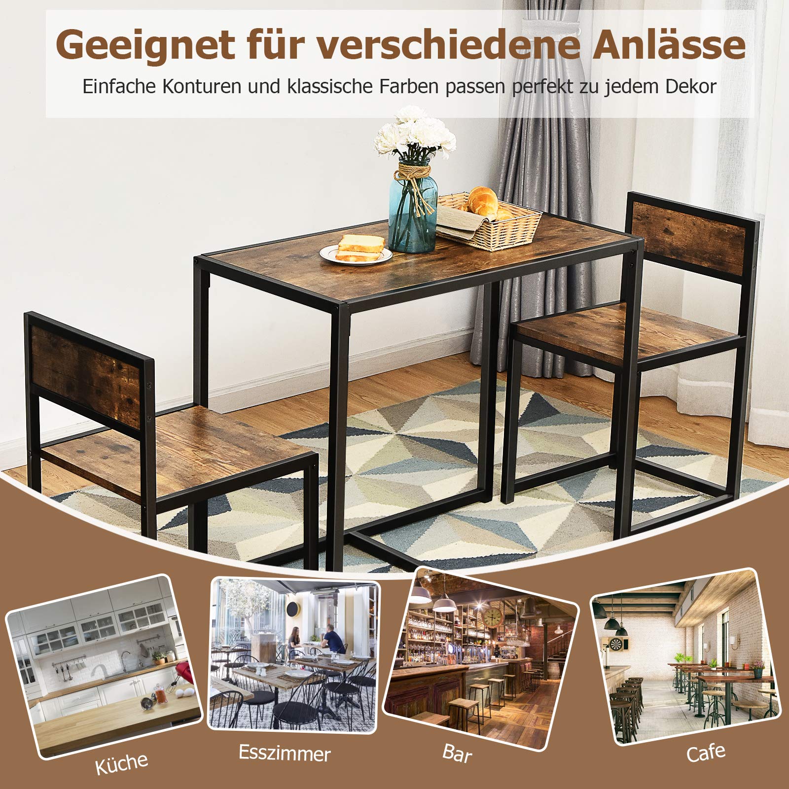 COSTWAY Bartisch Set 3-teilig, Esstisch mit 2 Stühlen, Kleine Essgruppe mit Metallgestell, Küchenbar Sitzgruppe, Küchentisch Stehtisch Holz, Bistrotisch für Küche, Esszimmer und Bistro (Antik)