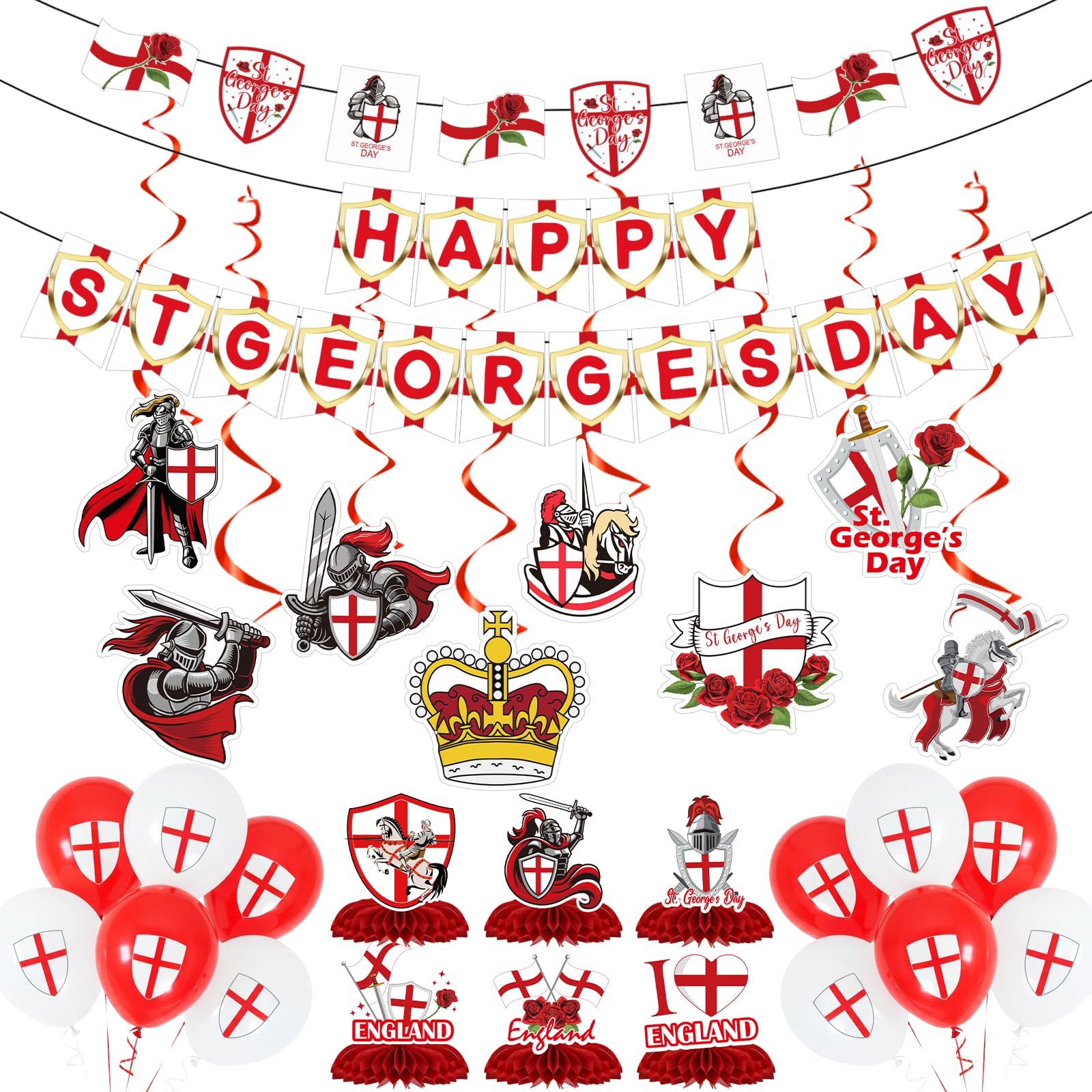 Luvart Happy St. George's Day Decorations - Bulk St George Red White Flag Rose Knight Buttings Hanging Swirls Comb Centerpiece Balloons Party Decorations