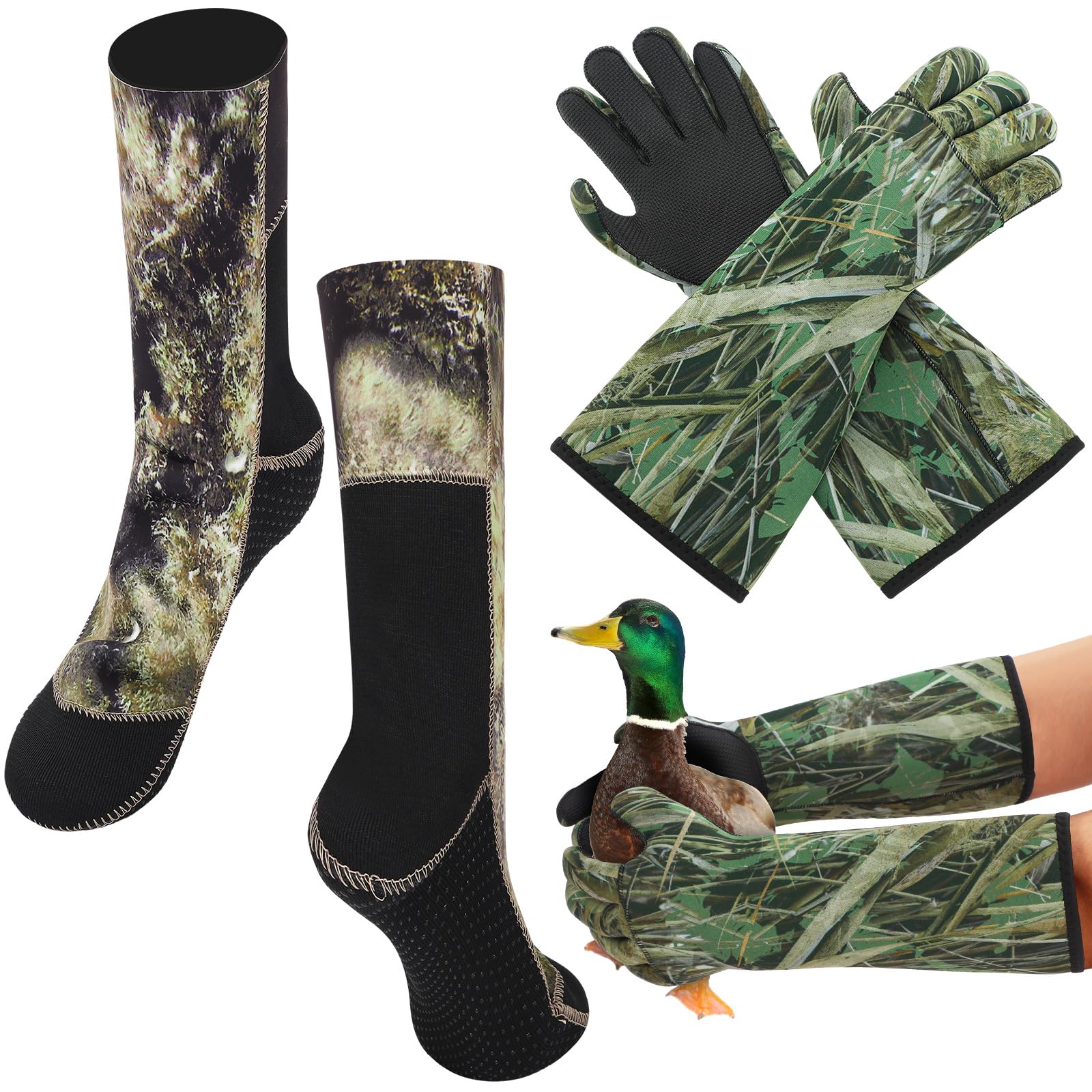 Coume 2 Pack Decoy Gloves Waterfowl Gloves and Insulated Hunting Socks Duck Hunting Accessories and Gear Waterproof Decoy Gloves Wader Socks for Men & Women Cold Weather(XL)
