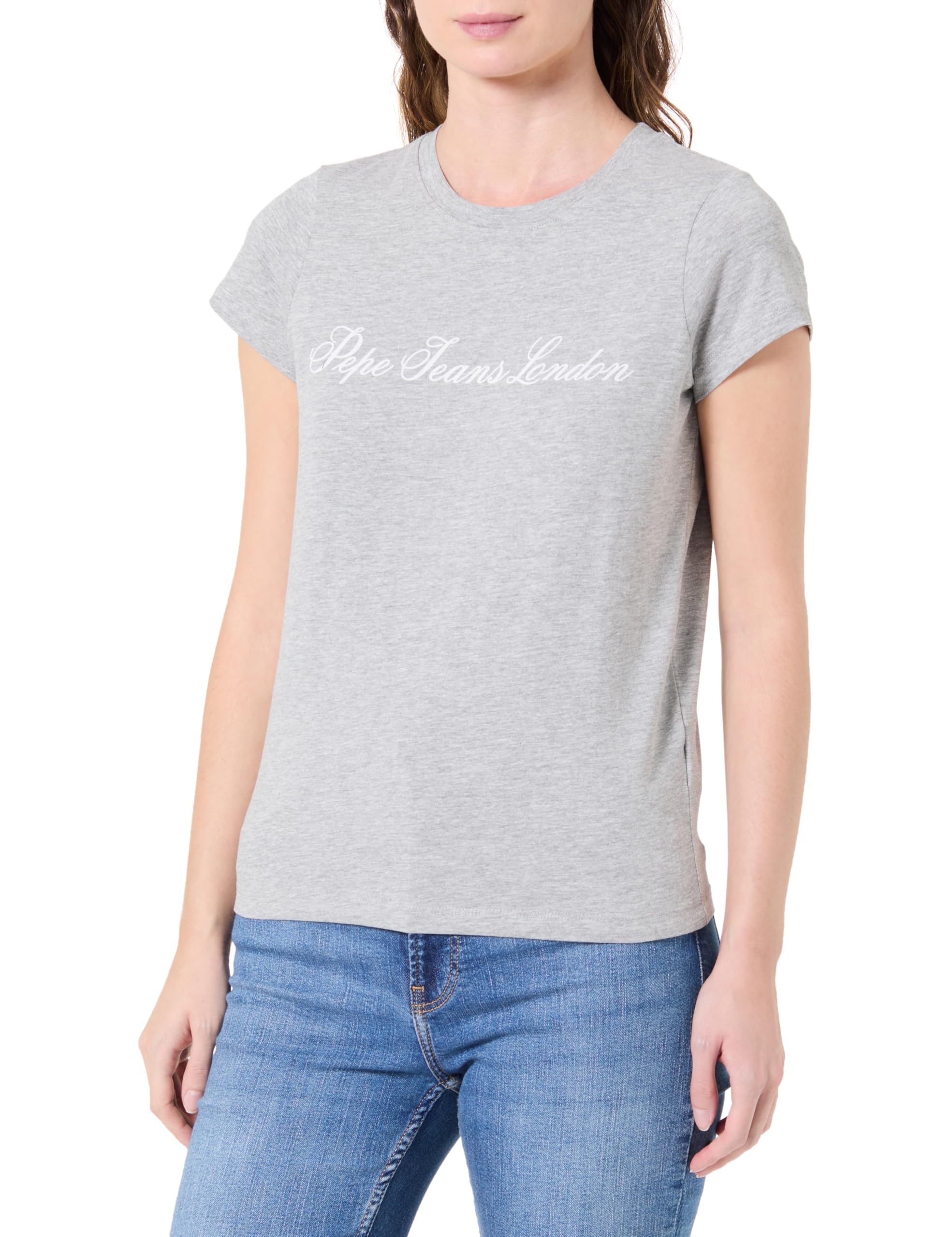 Pepe Jeans Women's W Basic Stretch Logo T-Shirt, Grey(Marl Grey), S
