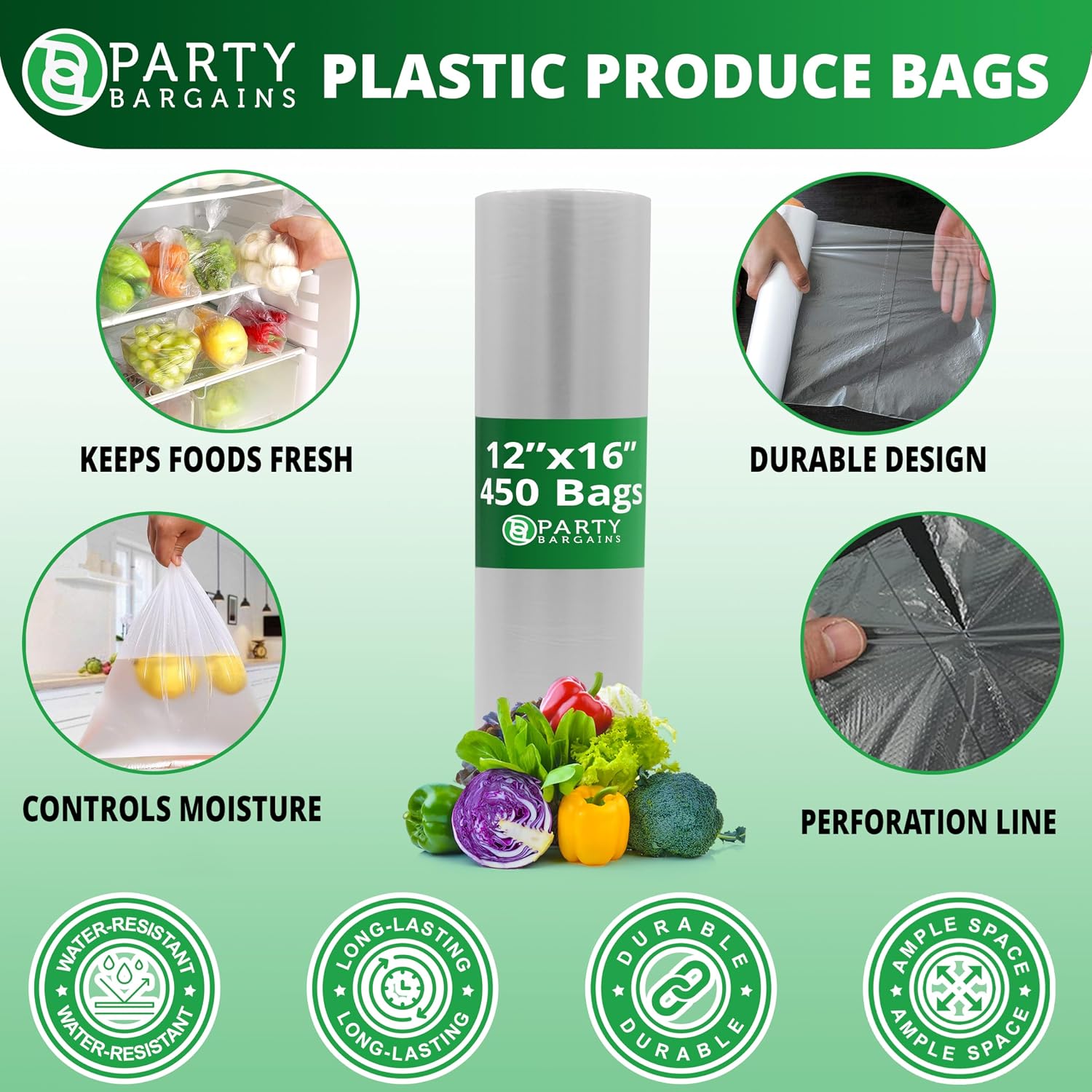 PARTY BARGAINS 12 x 16 Inch Clear Plastic Produce Bags on a Roll, 450 Count – Food-Grade Polyethylene Grocery Bags for Fruits, Vegetables, Bread & Kitchen Storage image 3
