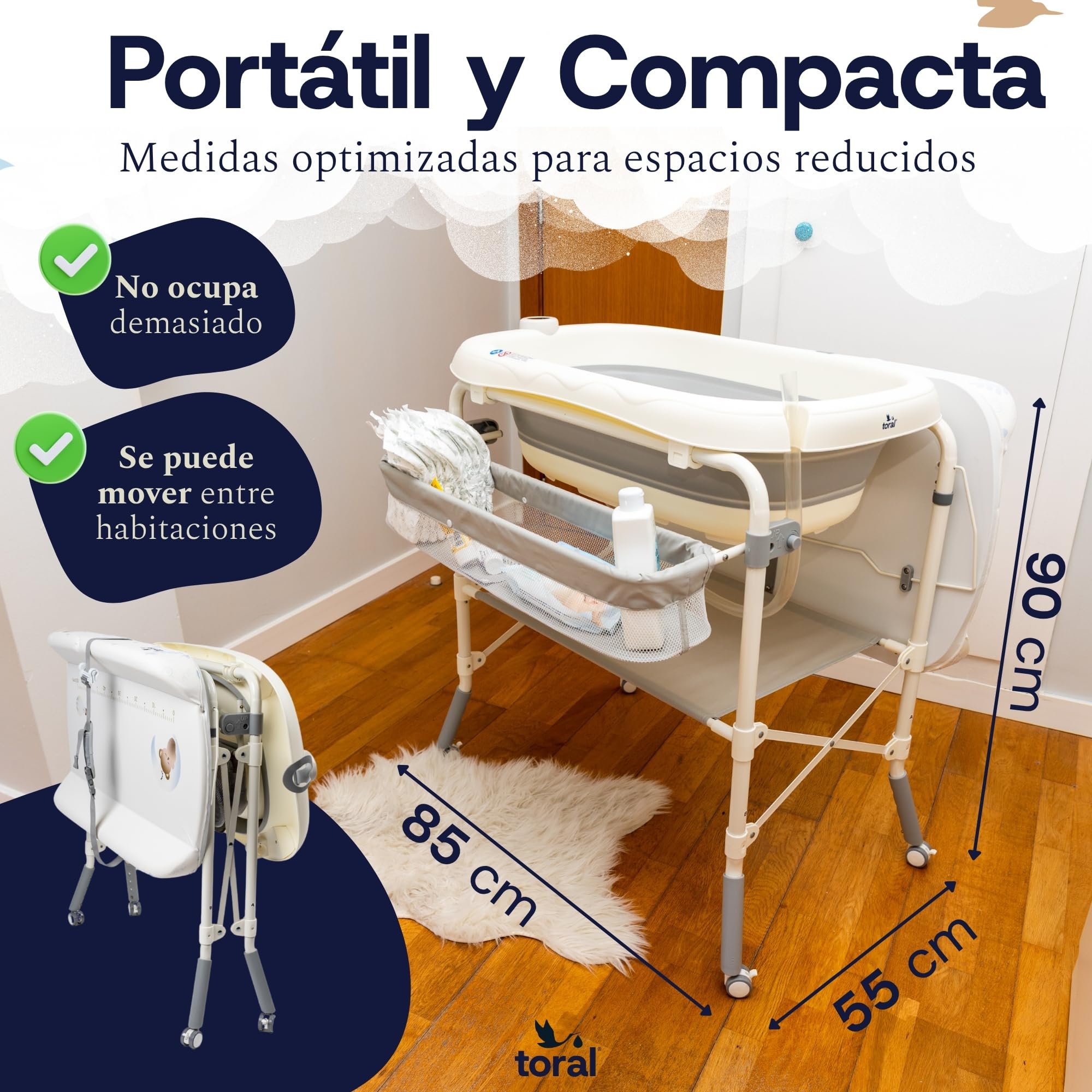 toral Bañera bebe plegable con cambiador y patas regulables - Bañera cambiador bebe plegable con termómetro, ruedas con freno y almacenamiento - Ideal para recién nacidos y bebés hasta 36 meses