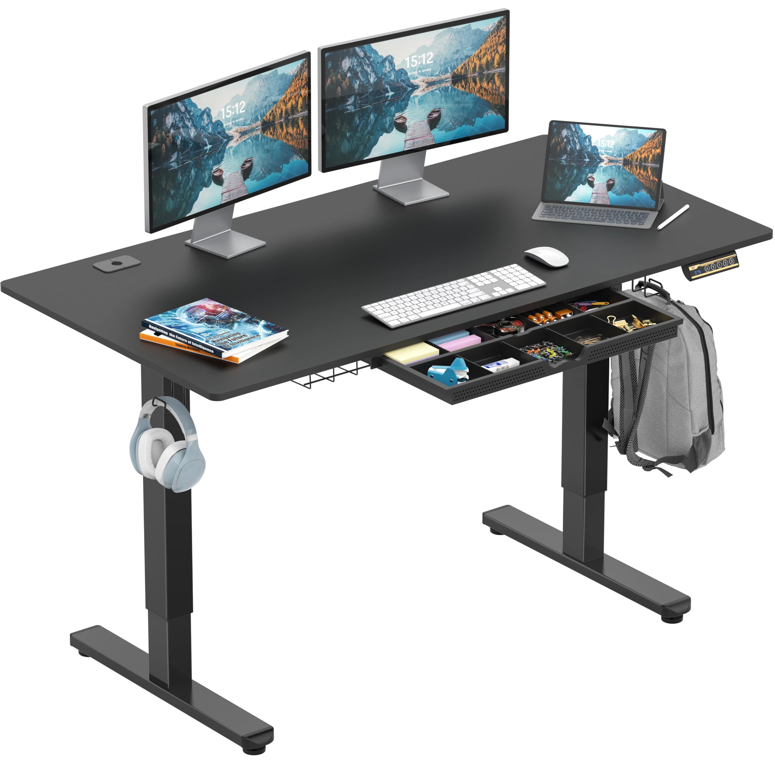 SHW 55 x 28 Inches Electric Height Adjustable Standing Desk with Drawer and Memory Preset, Black