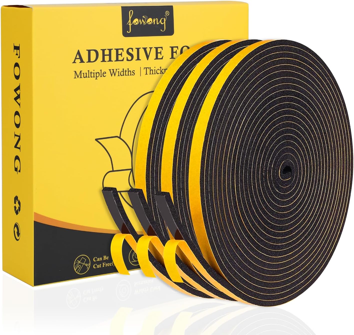 Fowong Adhesive Foam Weather Stripping Tape, 6mm(W) x 3mm(T) Door Draught Excluder Tape, Window Draft Seal Strip Insulation Tape, SoundProof Draught Seal, 3 Rolls Total 15M