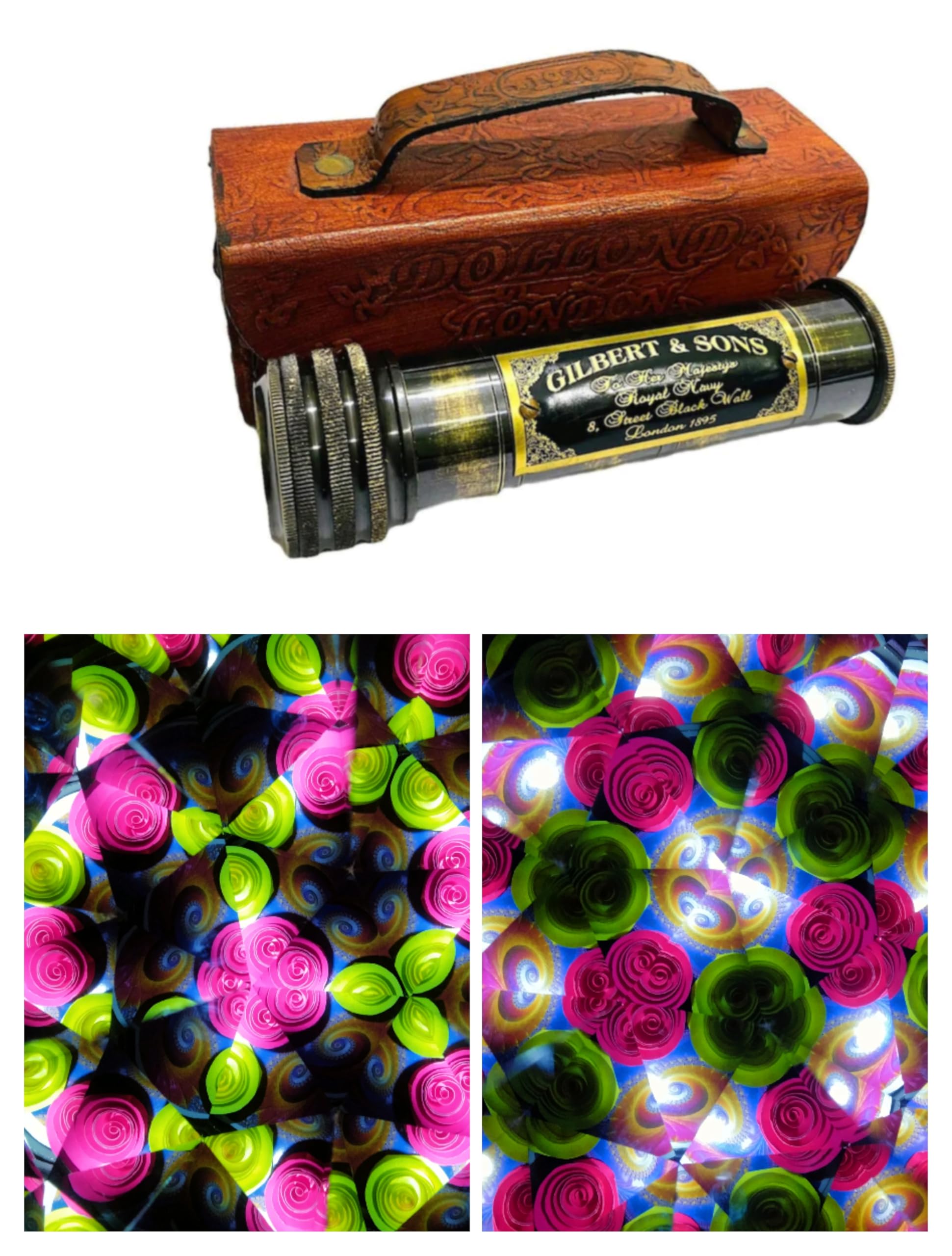 MUSKAN NAUTICAL STORE Antique Brass Kaleidoscope,Antique Kaleidoscope with Leather Box Engraving || Personalized Gift || Birthday Gift || Puzzle Gift || Gift for Love Couple