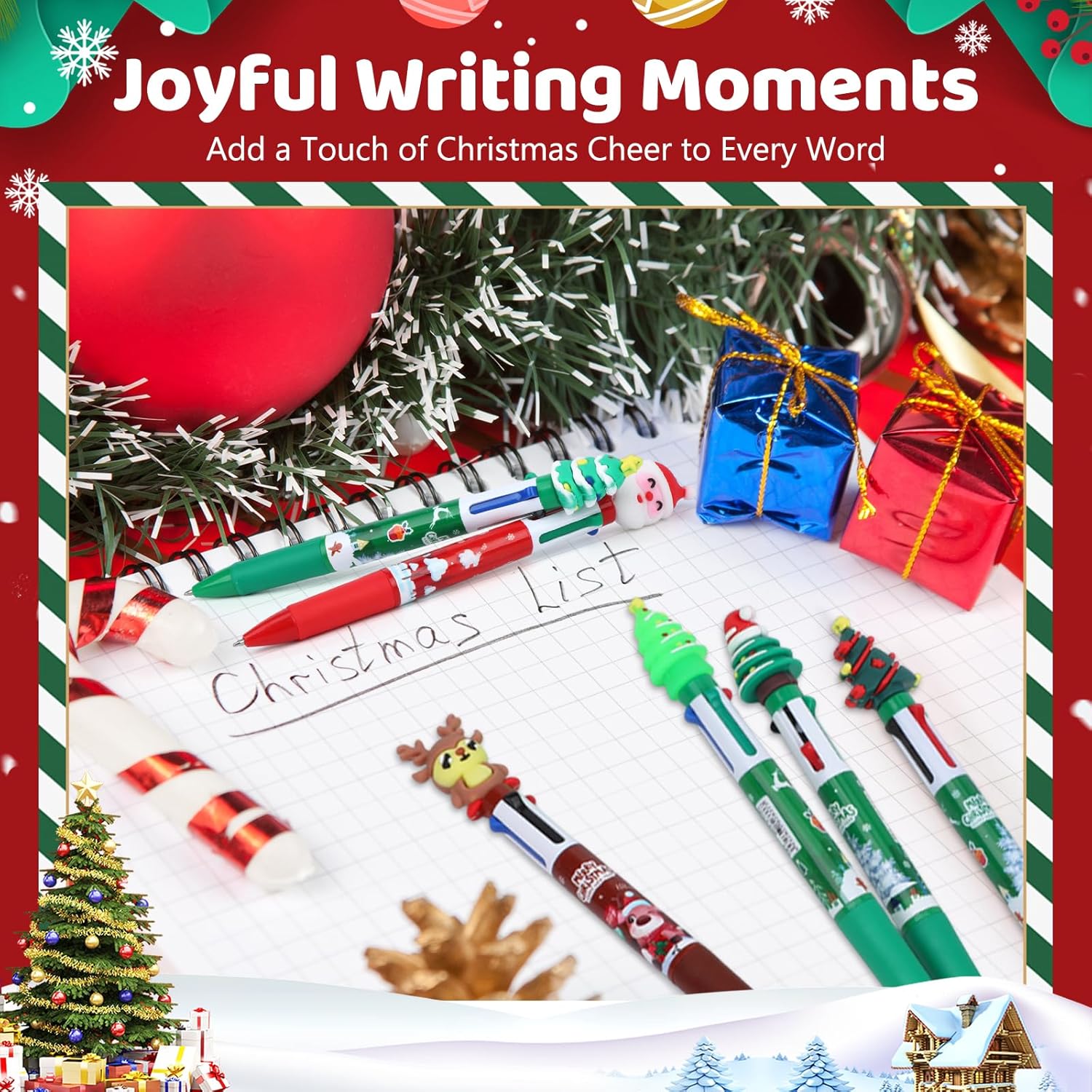 SAYAYA 120 Pieces Christmas Multicolor Pens – All In One 4-in-1 Ballpoint Pen 0.5mm Retractable Writing Pens with Santa Snowman Reindeer Designs for Holiday Office Coworker Supplies Gifts