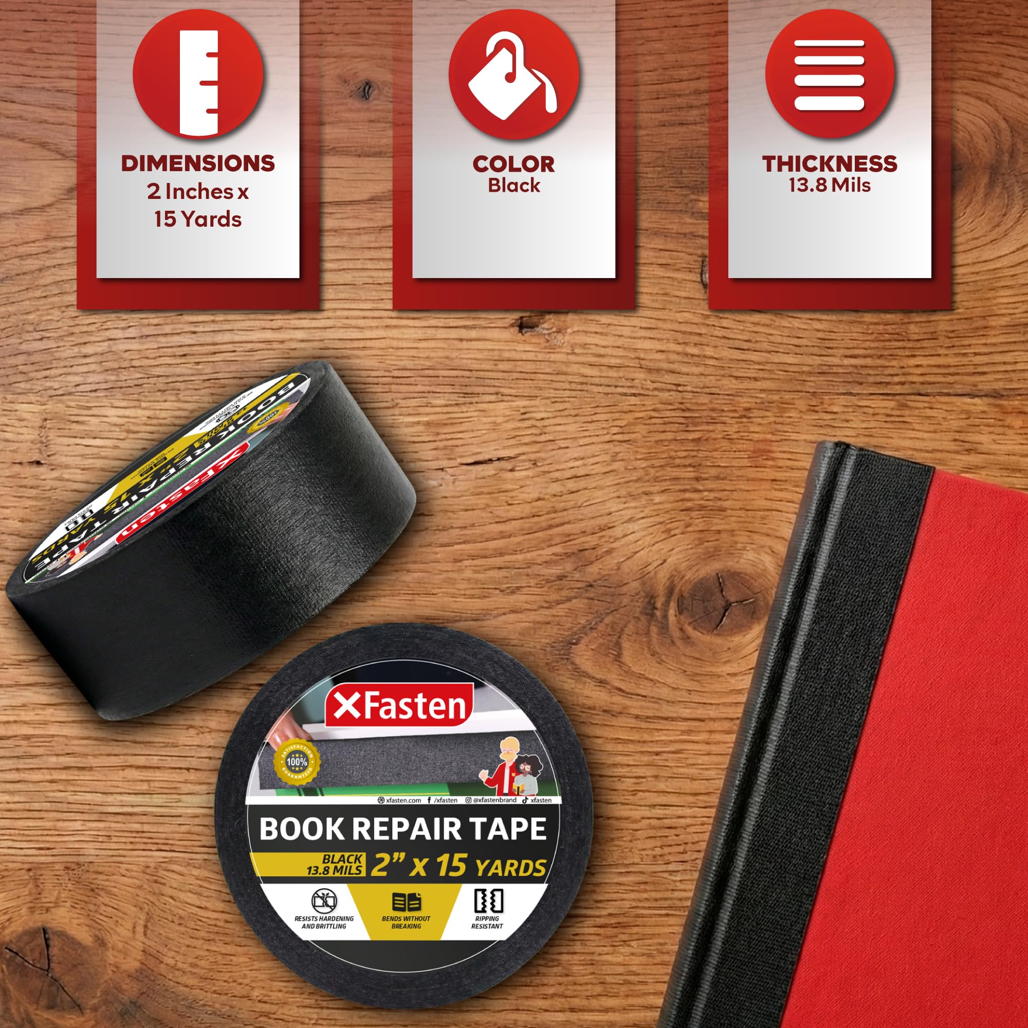 Xfasten reliure ruban de réparation, Noir, 5,1 cm par 13,7 m, tissu, bibliothèque livre Gonds ruban de réparation, sans acide et sans danger d'archivage