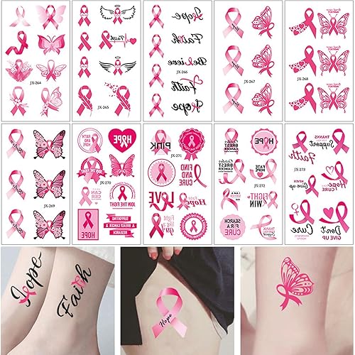 Miniatura 1 de 24 hojas de tatuajes temporales de cinta rosa para concientización sobre el cáncer de mama, tatuajes falsos impermeables para actividades públicas,
