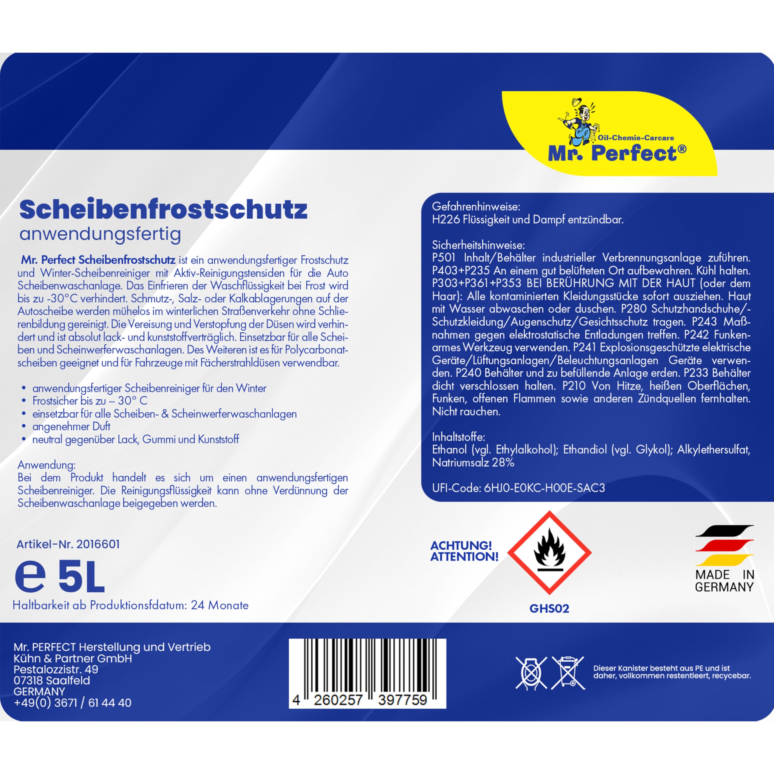 Mr. Perfect® Frostschutzmittel - Windschutzscheiben - 4x5L – Auto - Citrusduft - Scheibenwaschanlage bis -30°C - schlierenfrei - sofort mischbereit - Winter Scheibenwischwasser