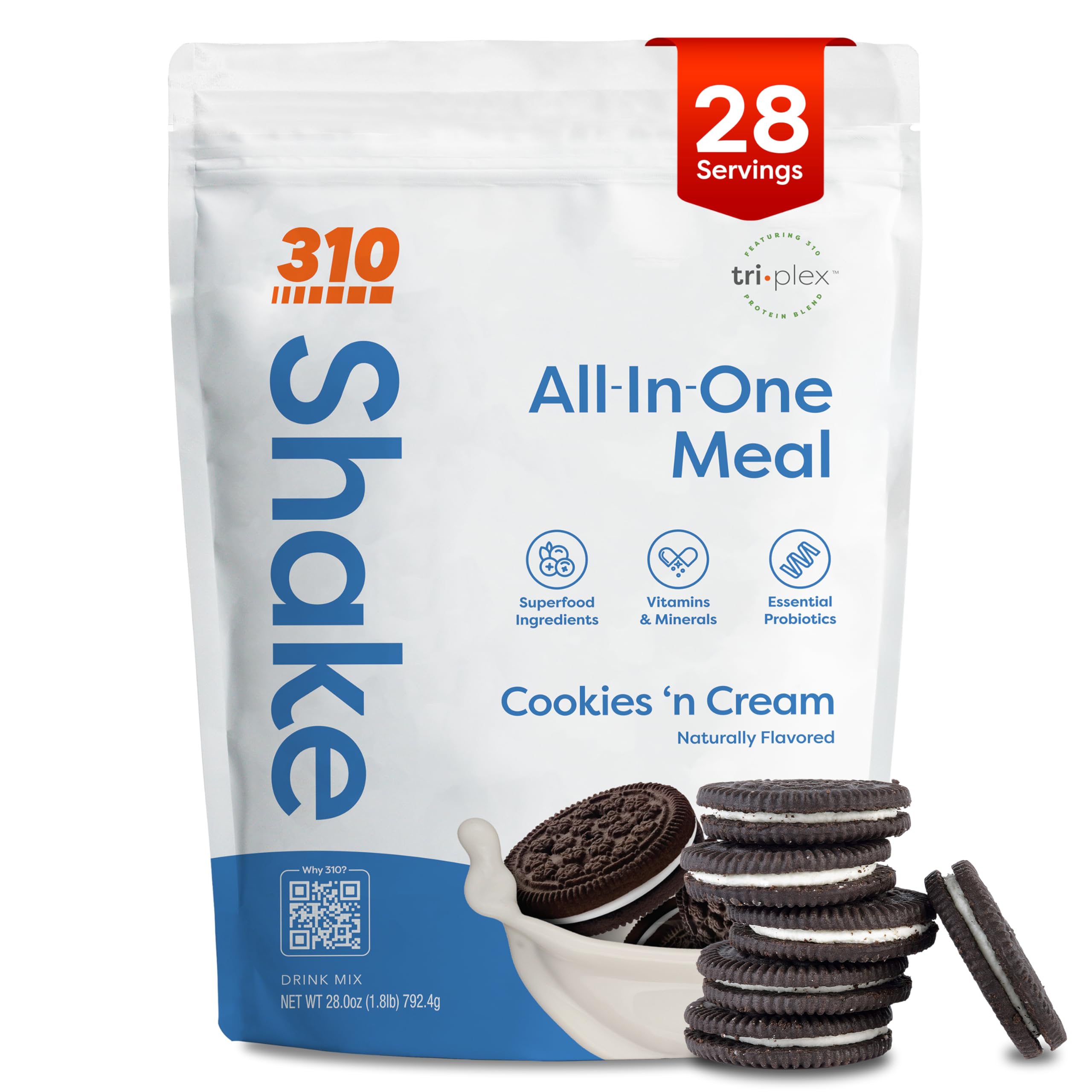All-In-One Meal Replacement Shake Powder - Plant-Based Protein Smoothie Blend w/High Fiber, Probiotics & Adaptogens - Low Carb, Vegan, Keto & Paleo Friendly - Cookies N Cream - 28 Srv