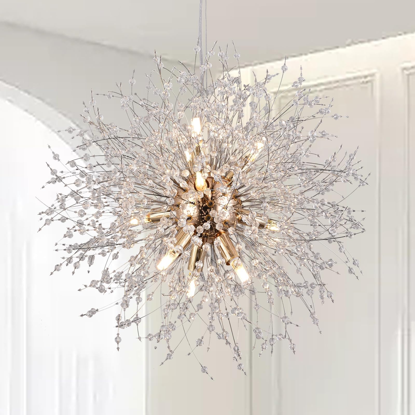 Photo 1 of Kenolia 9-Light Gold Crystal Chandeliers, Modern Dandelion Hanging Light, Small Round Lamp, Sputnik Beaded Pendant Lights for Farmhouse Bedroom Dining Room Living Room Kitchen Island (Gold, D19.6inch)