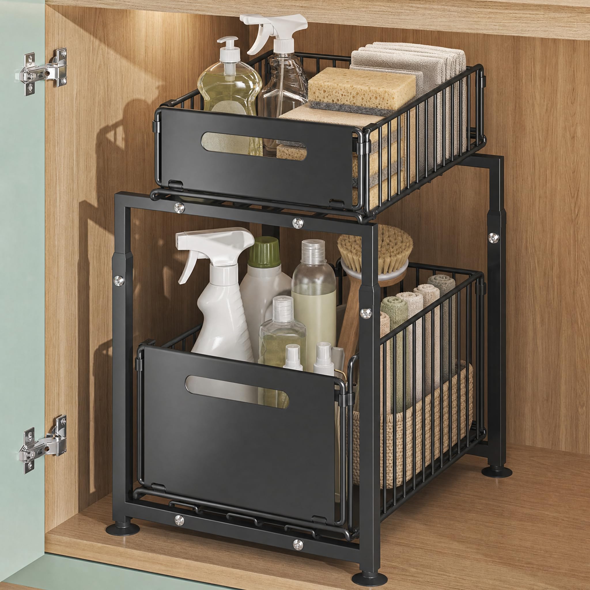 Rangement sous Évier Cuisine, Rangement Cuisine Métal 2 Niveaux avec Tiroirs Coulissants, Organisateur Placard Cuisine et Salle de Bain, Étagère Gain de Place pour Plan de Travail (Une pièce)