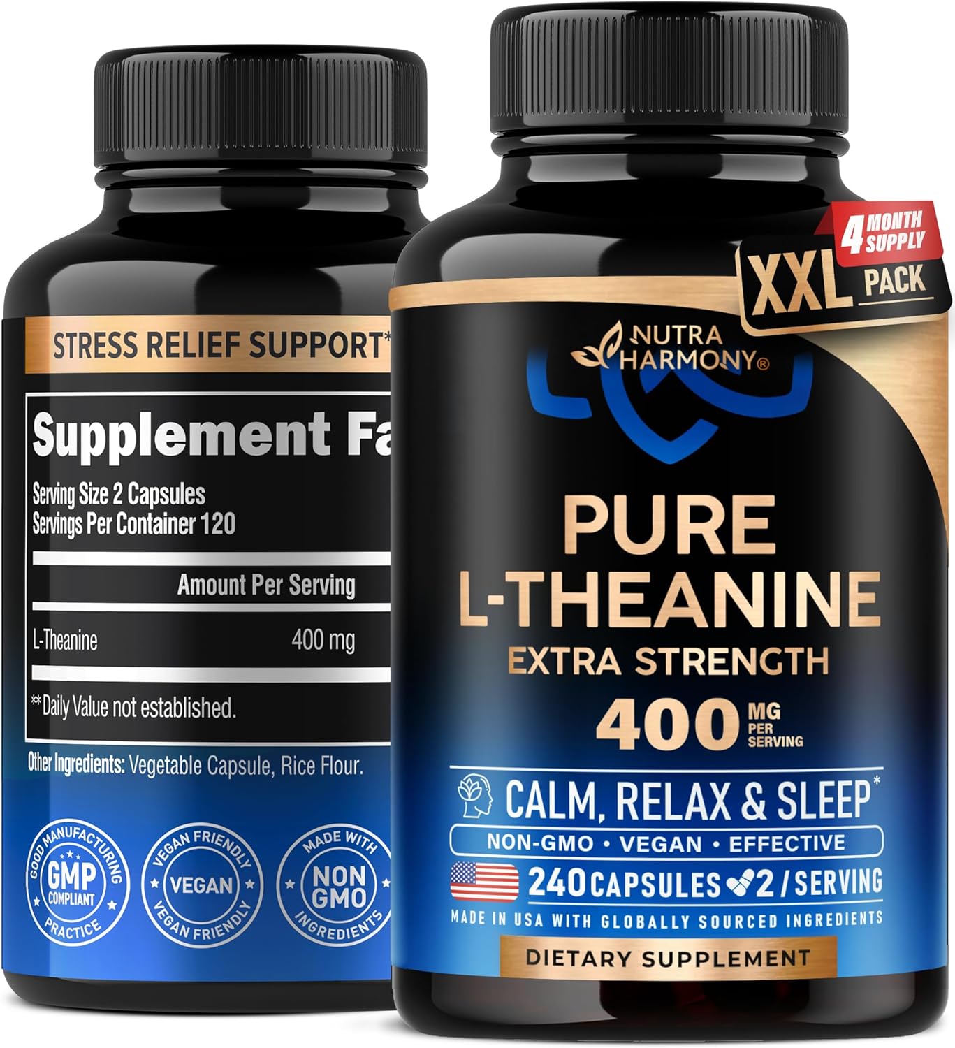 L Theanine 400 mg | L-Theanine Stress Relief | Extra Strength Supplement | Made in USA | Relaxation, Sleep & Calm Support | for Men & Women | Plant Based, Non-GMO & Gluten-Free | 240 Vegan Capsules L Theanine 400 mg | L-Theanine Stress Relief | Extra Strength Supplement | Made in USA | Relaxation, Sleep & Calm Support | for Men & Women | Plant Based, Non-GMO & Gluten-Free | 240 Vegan Capsules
