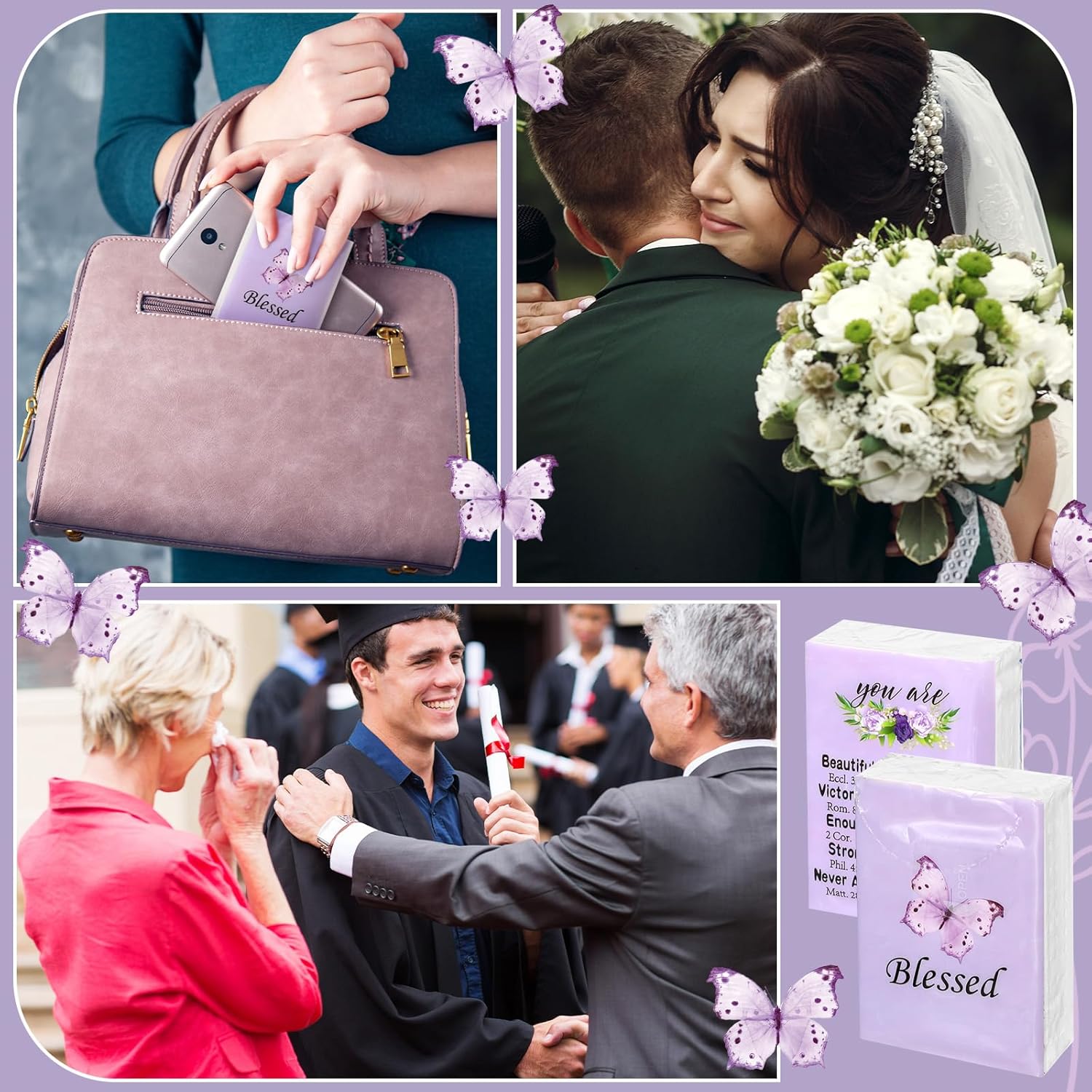 Harloon 50 Pack Christian Facial Pocket Tissues Purple Butterfly Travel Tissues Packs Religious Small Individual 3 Ply Gift for Wedding Travelling Graduation Party Supplies, 7 Sheets Per Pack - Image 6