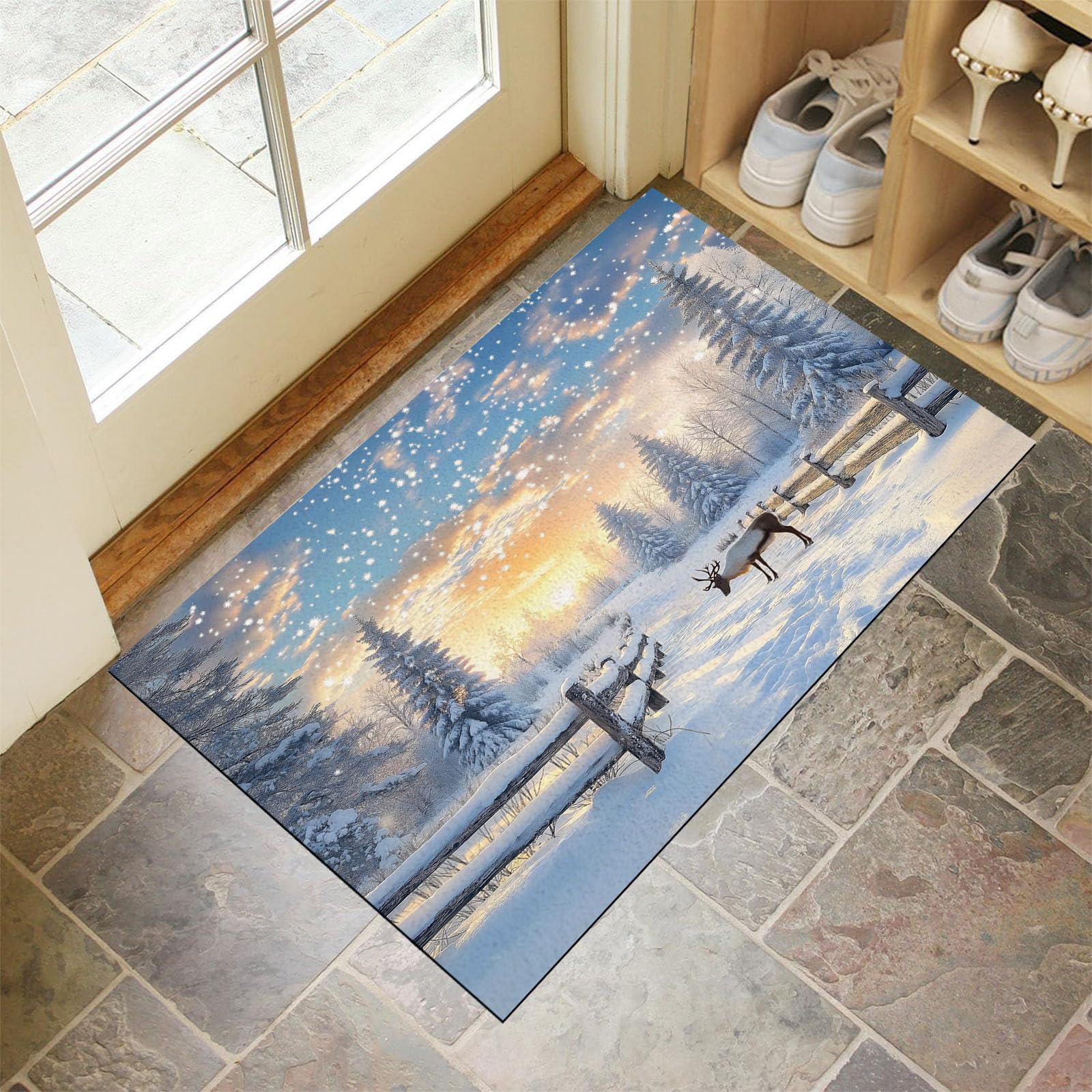 Felpudo De Navidad, Alfombra Copos De Nieve Al Atardecer para Entrada Casa 90X150Cm, Alfombra De Puerta De Entrada, Felpudos Lavables Patrón De Bosque De Renos Azul Cielo, Decorativo Casa