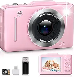 Câmera digital, câmera digital FHD 1080p para fotografia com zoom de 16x, cartão de 32 GB, câmeras digitais compactas pequenas 4K 48MP para adolescentes adultos iniciantes e crianças presente (rosa)