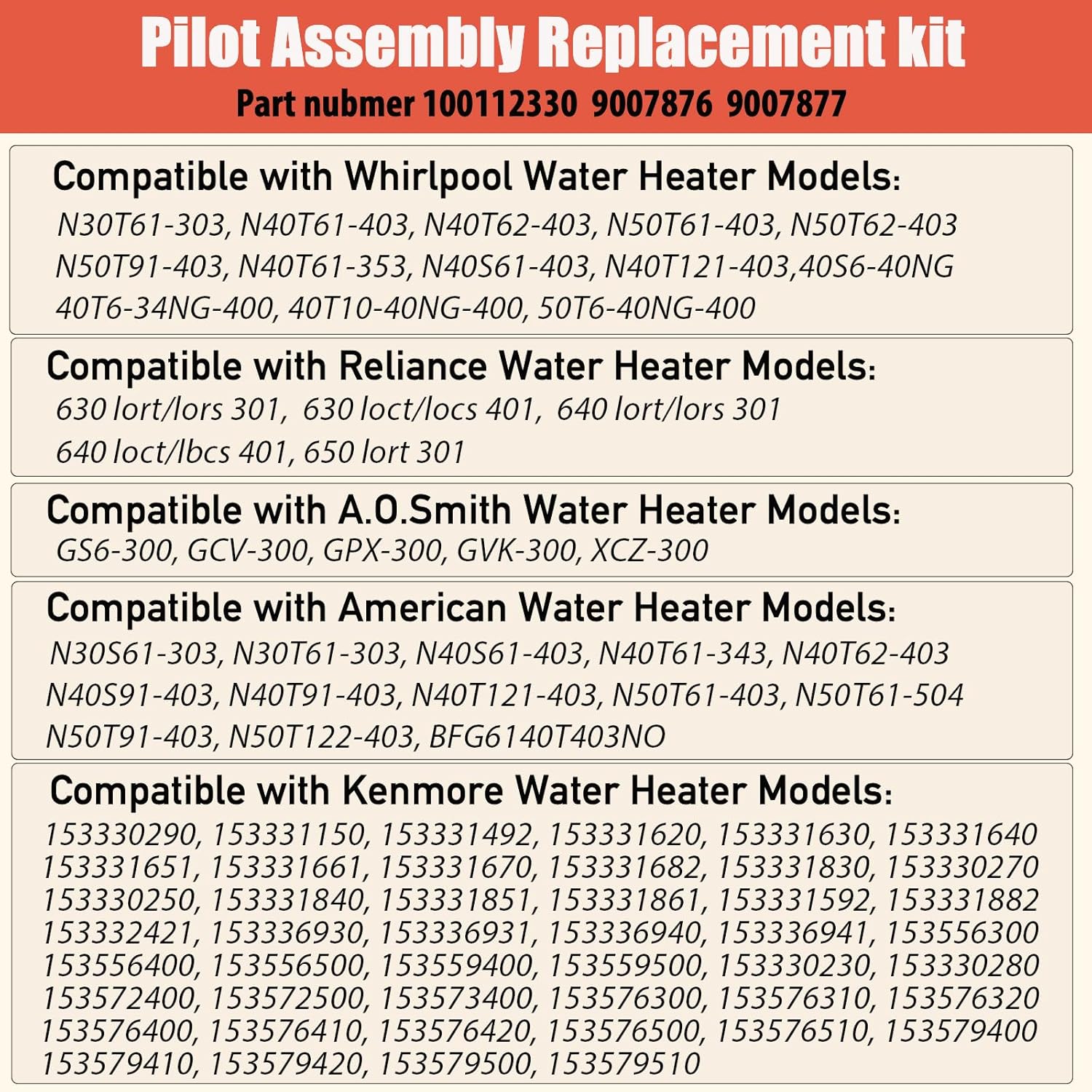 100112330 9007876 9007877 Pilot & Gas Thermopile Assembly Replacement Kit for Water Heaters, Compatible with Whirlpool 300/301 Series, A.O. Smith, Reliance, American, State, Kenmore