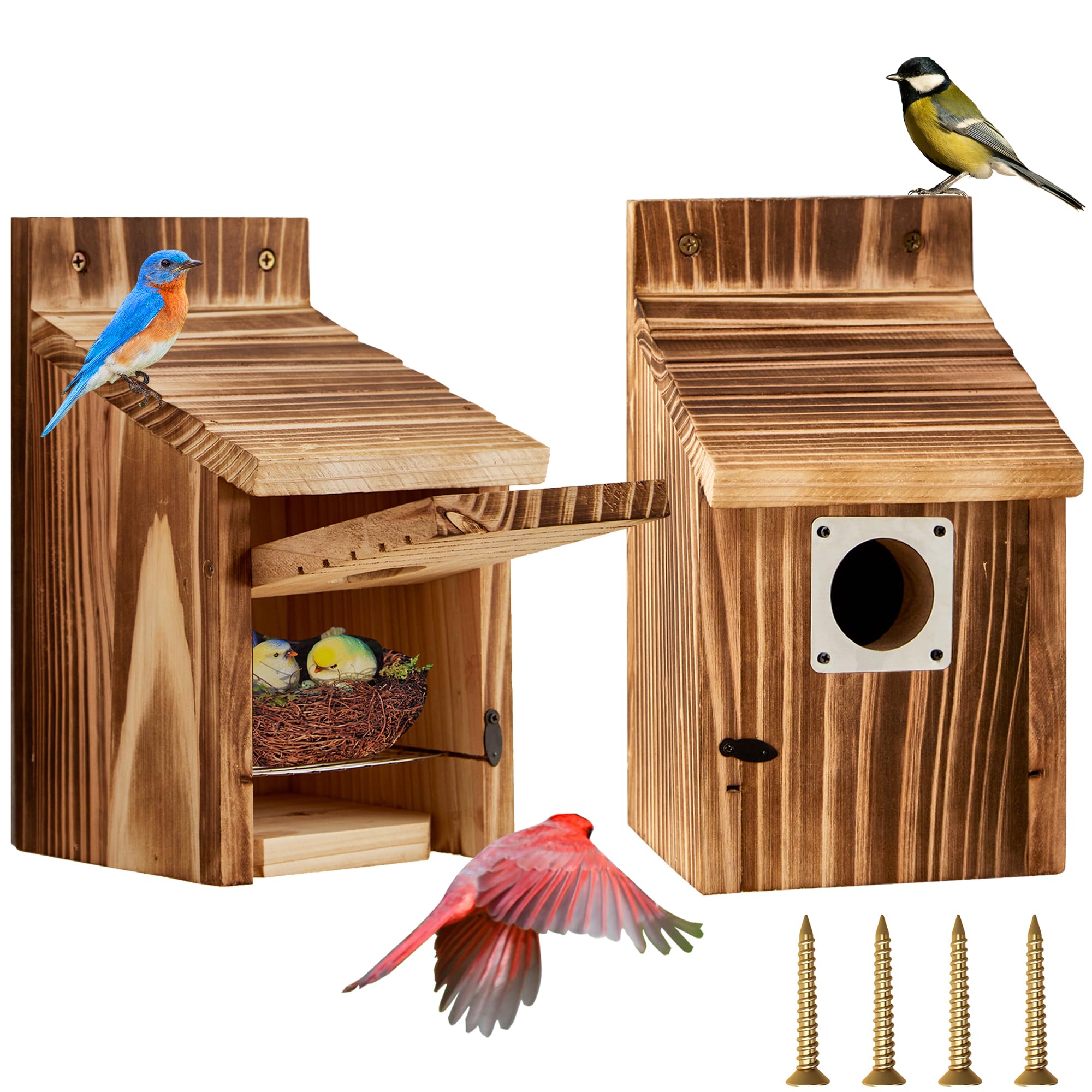 puyikes 2 Pack Bird Houses for Outside with Metal Predator Guard for Bluebird Wren Swallow Finch-Carbonized Wooden Nesting Boxes for Outdoor Sturdy