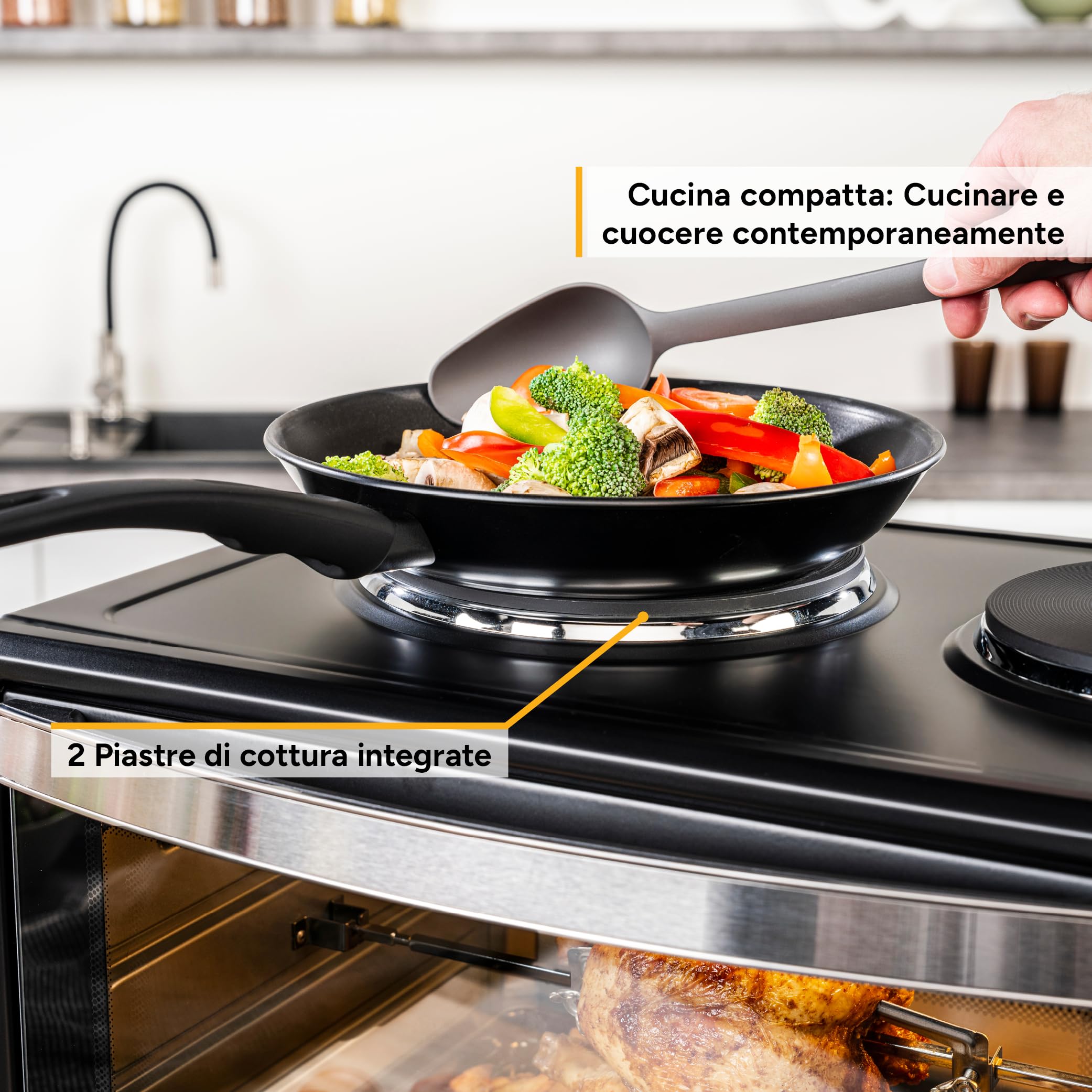Forno con fornelli 60L 3200W - Fornetto pizza 230°C 6 modalità riscaldamento - Multiforno 4 altezze inserimento