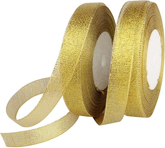 Feyarl Glitter Metallic Gold Ribbon 5/8inch Wide Sparkly Fabric Ribbon Gift